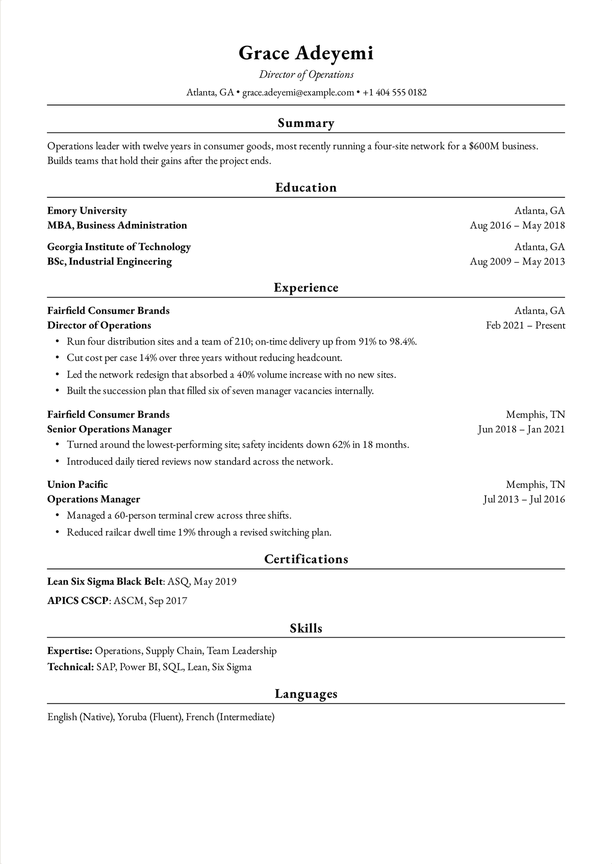 Harvard resume example for an experienced manager: a two-page operations director resume with a short summary, three roles across twelve years and Lean Six Sigma certification.