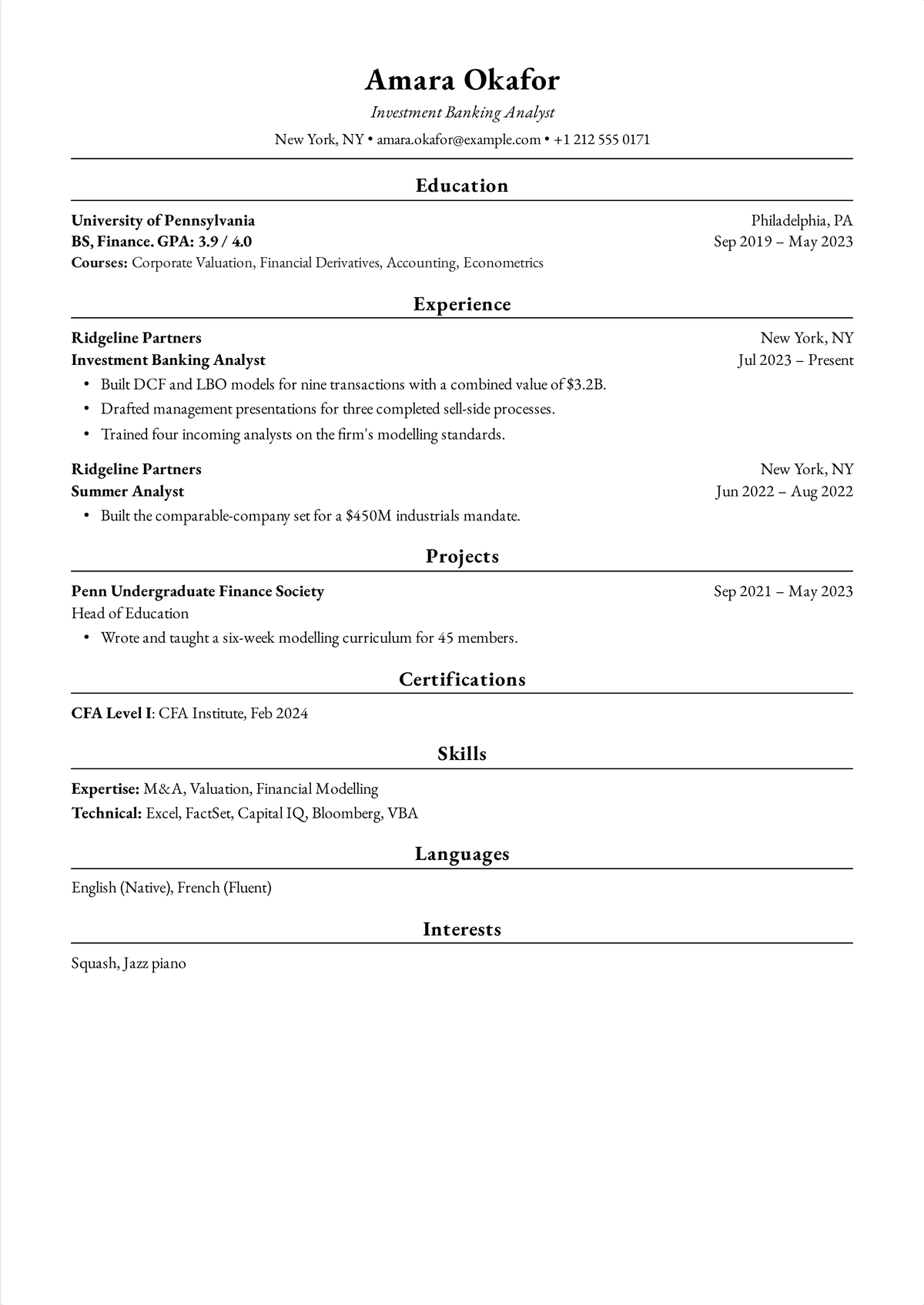 Harvard resume example for an investment banking analyst: a one-page finance resume with deal values, DCF and LBO modelling and a CFA Level I certification.