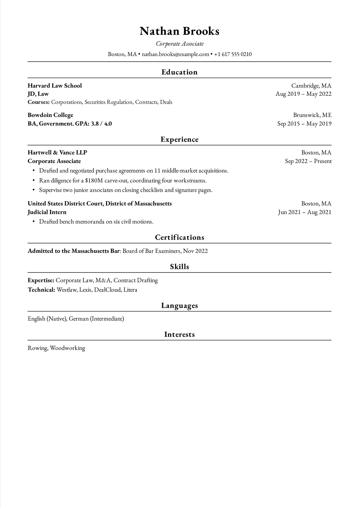 Harvard resume example for a corporate law associate: a one-page legal resume listing a JD, bar admission, eleven acquisitions and a carve-out transaction.