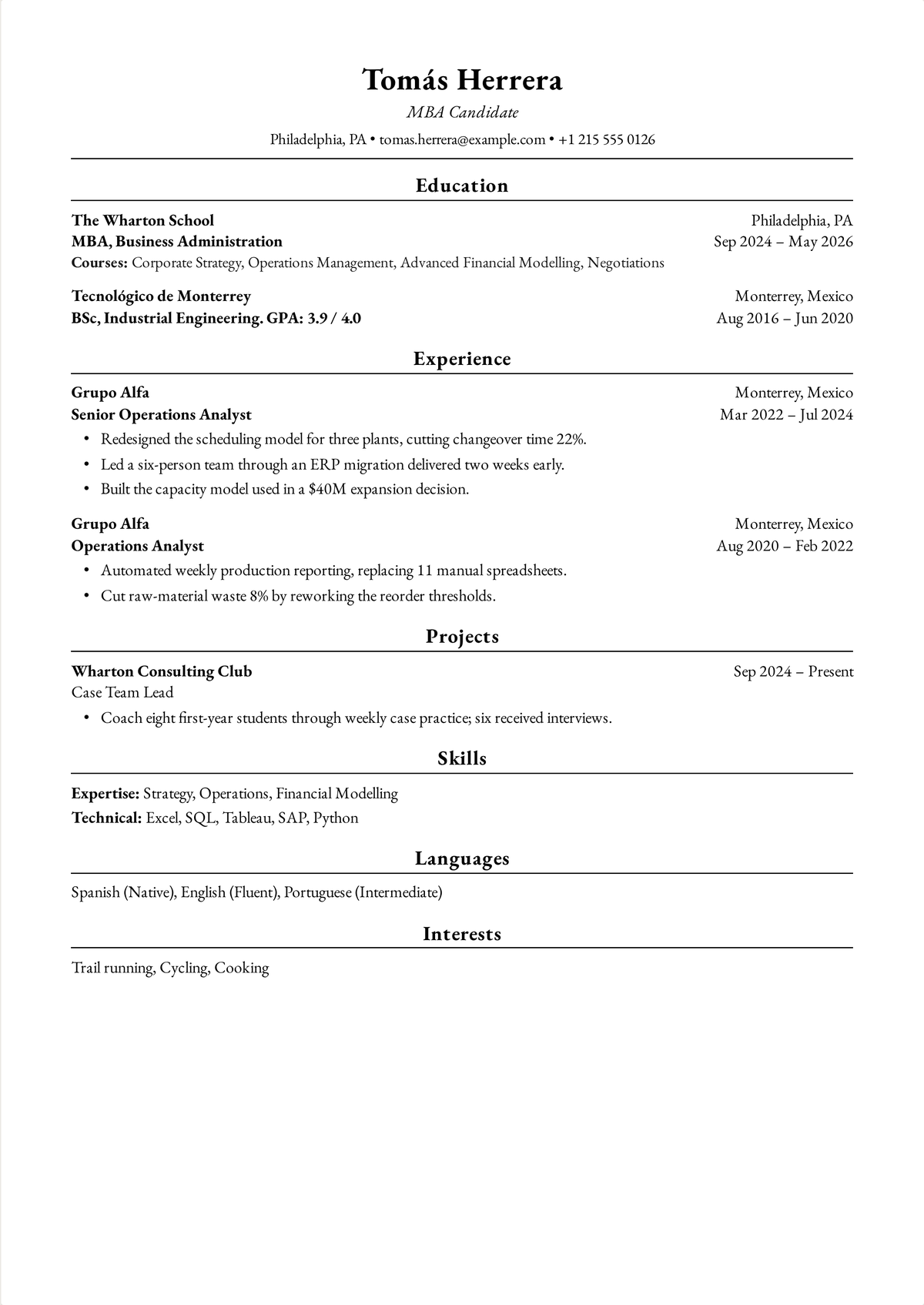 Harvard resume example for an MBA candidate: a one-page resume listing an MBA and an engineering degree, then operations roles with quantified plant and ERP outcomes.