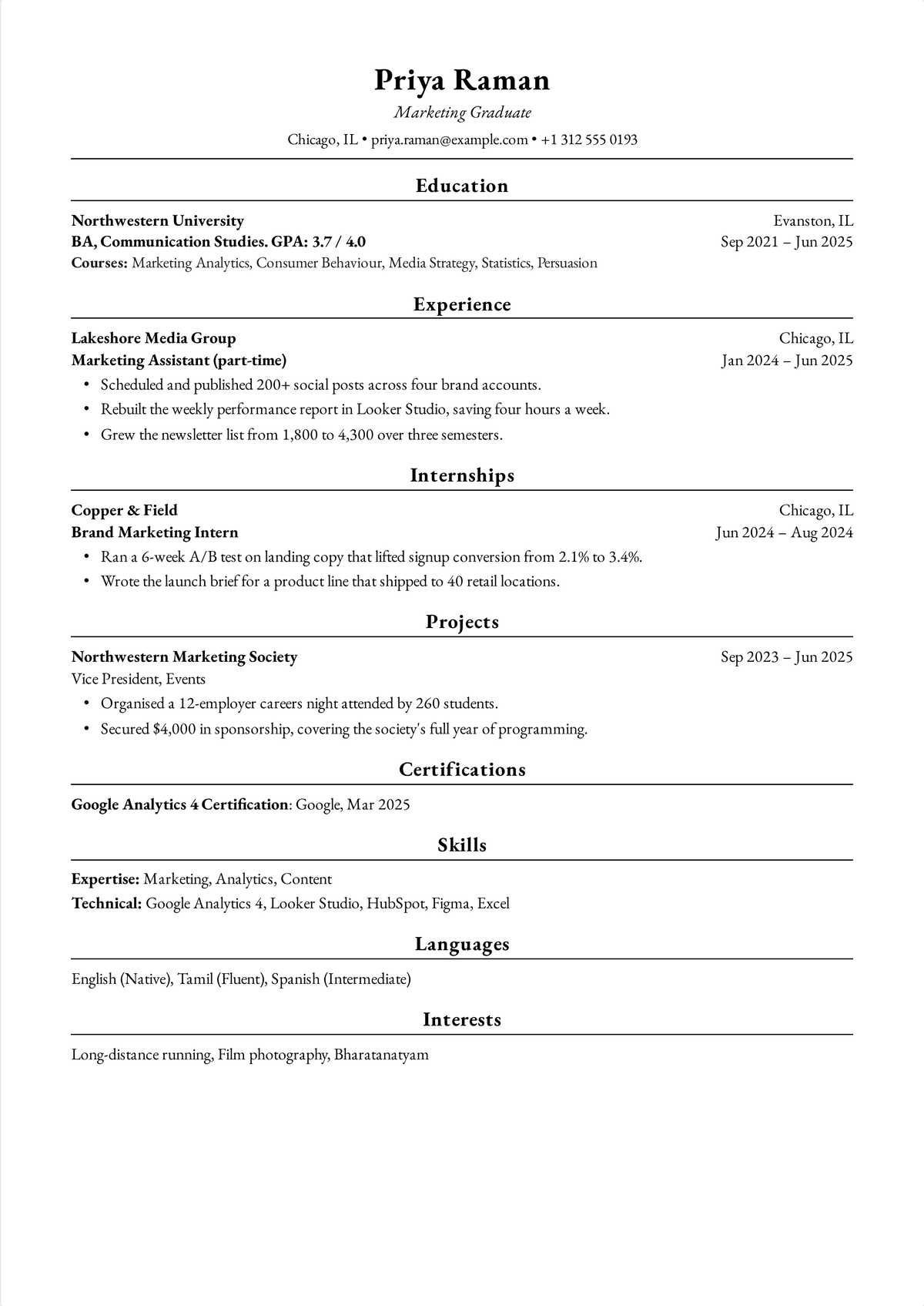 Harvard resume example for a recent graduate: a one-page marketing graduate resume with education first, a part-time marketing role, an internship and a society leadership position.
