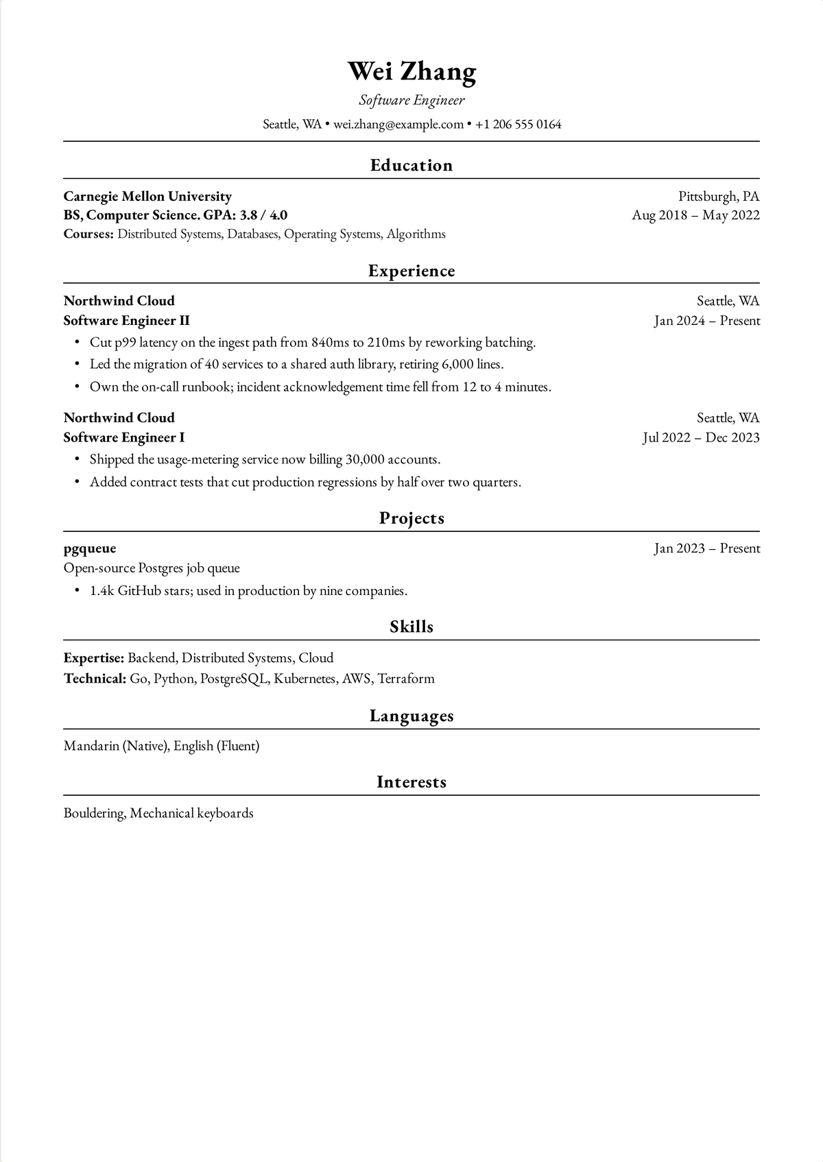 Harvard resume example for a software engineer: a one-page engineering resume with latency improvements, a service migration, an on-call runbook and an open-source project.