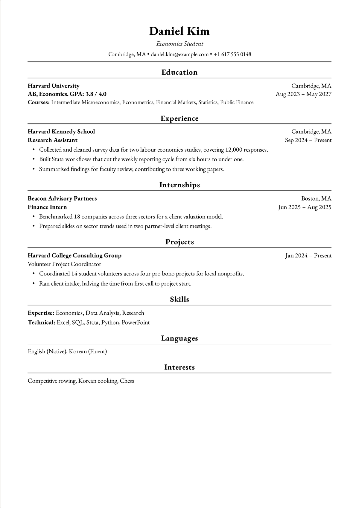 Harvard resume example for an undergraduate student: a one-page economics student resume with education first, a research assistantship, a summer internship and a campus leadership role.