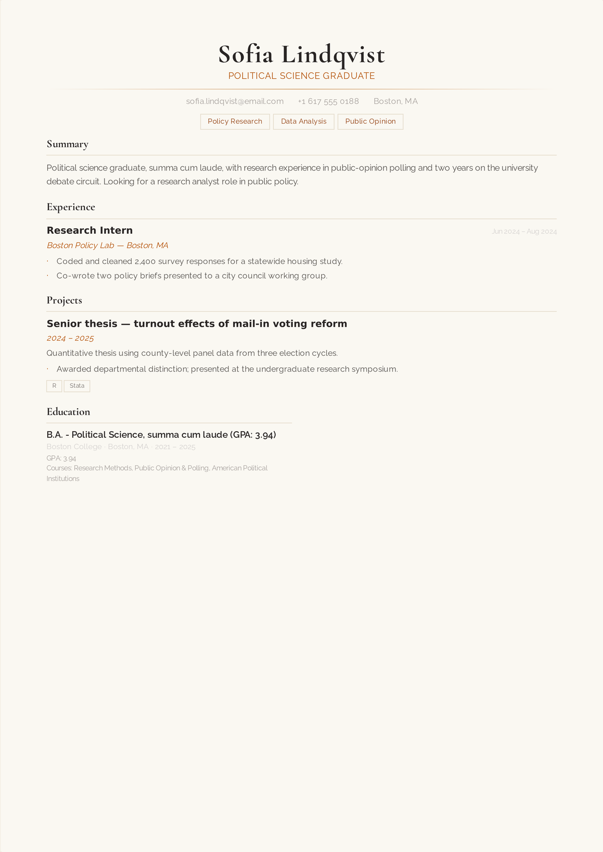Resume education section showing summa cum laude on the degree line — B.A. Political Science, summa cum laude, GPA 3.94