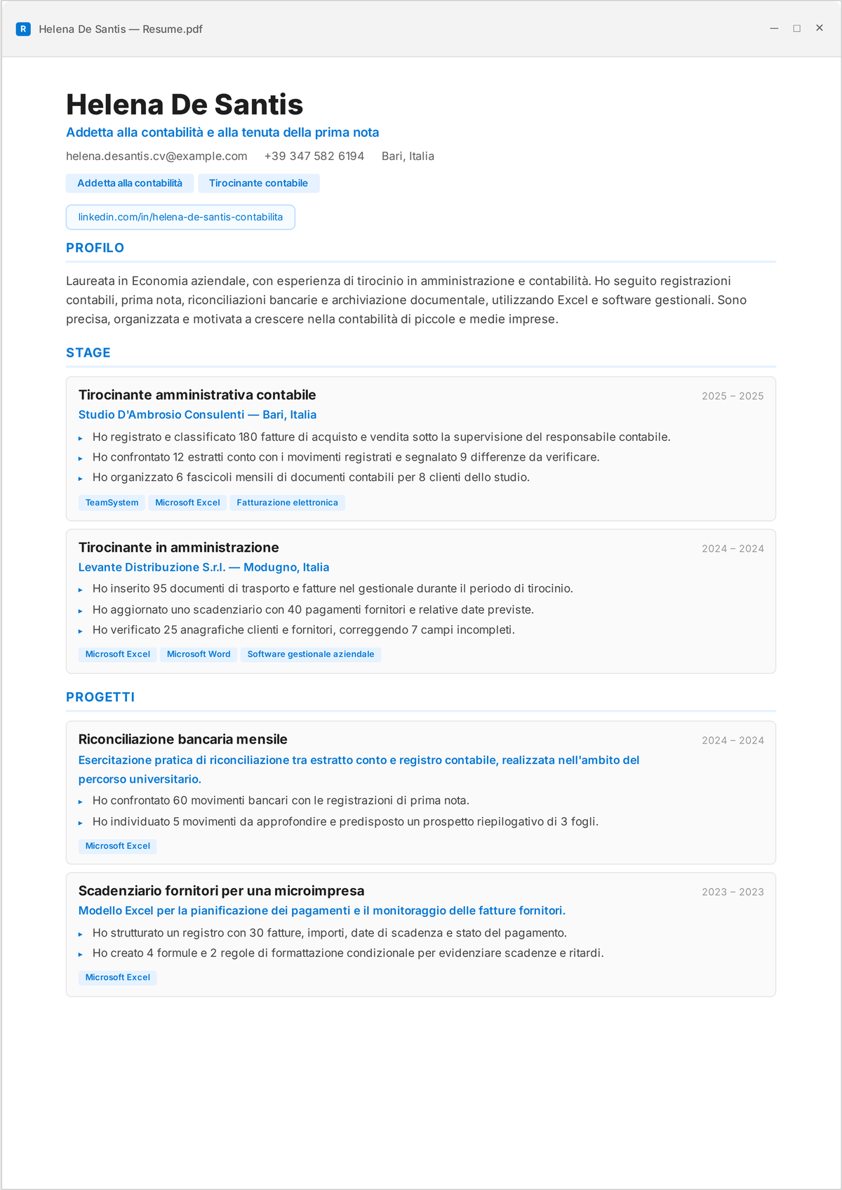Esempio di curriculum per addetto alla contabilità: il curriculum di un addetto alla contabilità di livello base che mostra QuickBooks e Xero, riconciliazioni bancarie, contabilità fornitori e clienti e reporting mensile per più clienti.