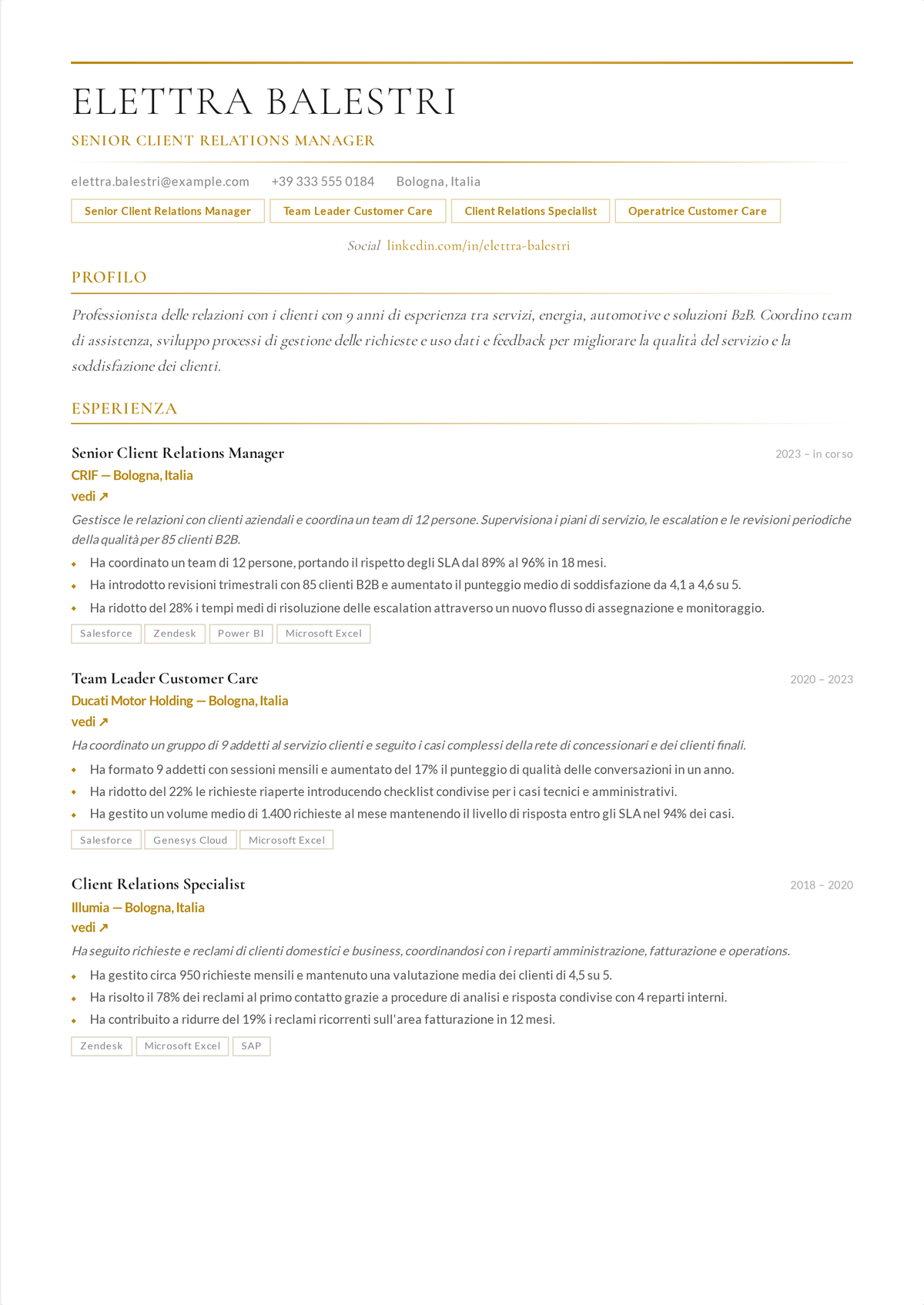 Esempio di curriculum per responsabile relazioni con i clienti: un curriculum di account management senior che mostra account chiave e valori dei contratti posseduti, relazioni a livello dirigenziale, rinnovi negoziati e ricavi trattenuti.