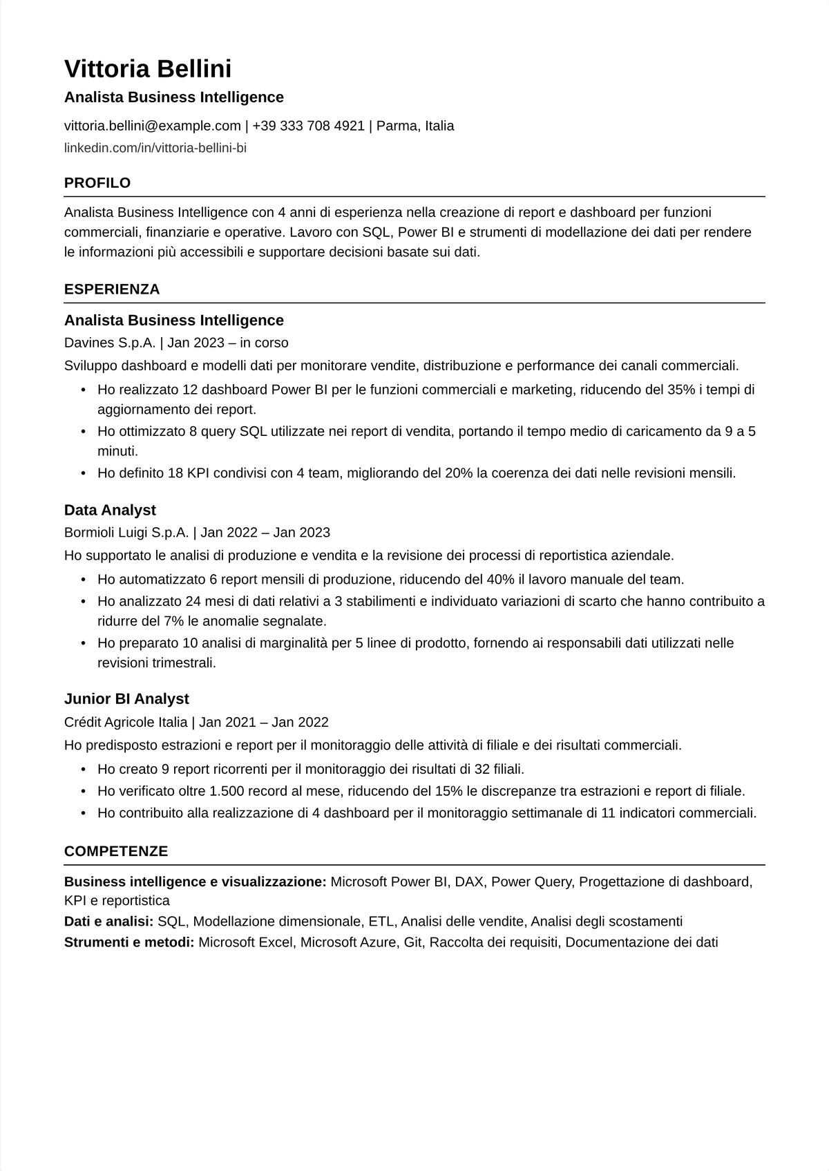 Esempio di curriculum per business intelligence analyst: il curriculum di un BI analyst che mostra Tableau e Power BI su un data warehouse, modelli di dati, dashboard self-service e ore di reporting manuale risparmiate.