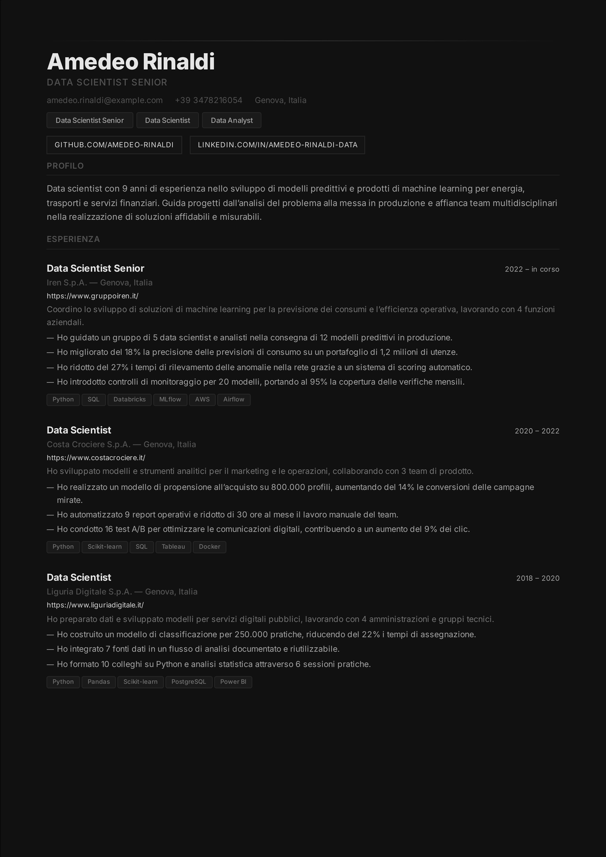 Esempio di curriculum per data scientist: il curriculum di un data scientist senior che mostra uno stack Python e ML, un modello predittivo in produzione, test A/B e impatto a valle su ricavi e retention.