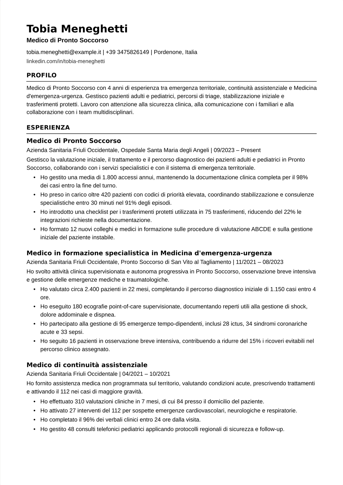 Esempio di curriculum per medico di medicina d'urgenza: il curriculum di un medico di PS che mostra la certificazione ABEM, il ventaglio di procedure, l'esperienza in trauma e il volume di pazienti all'ora.