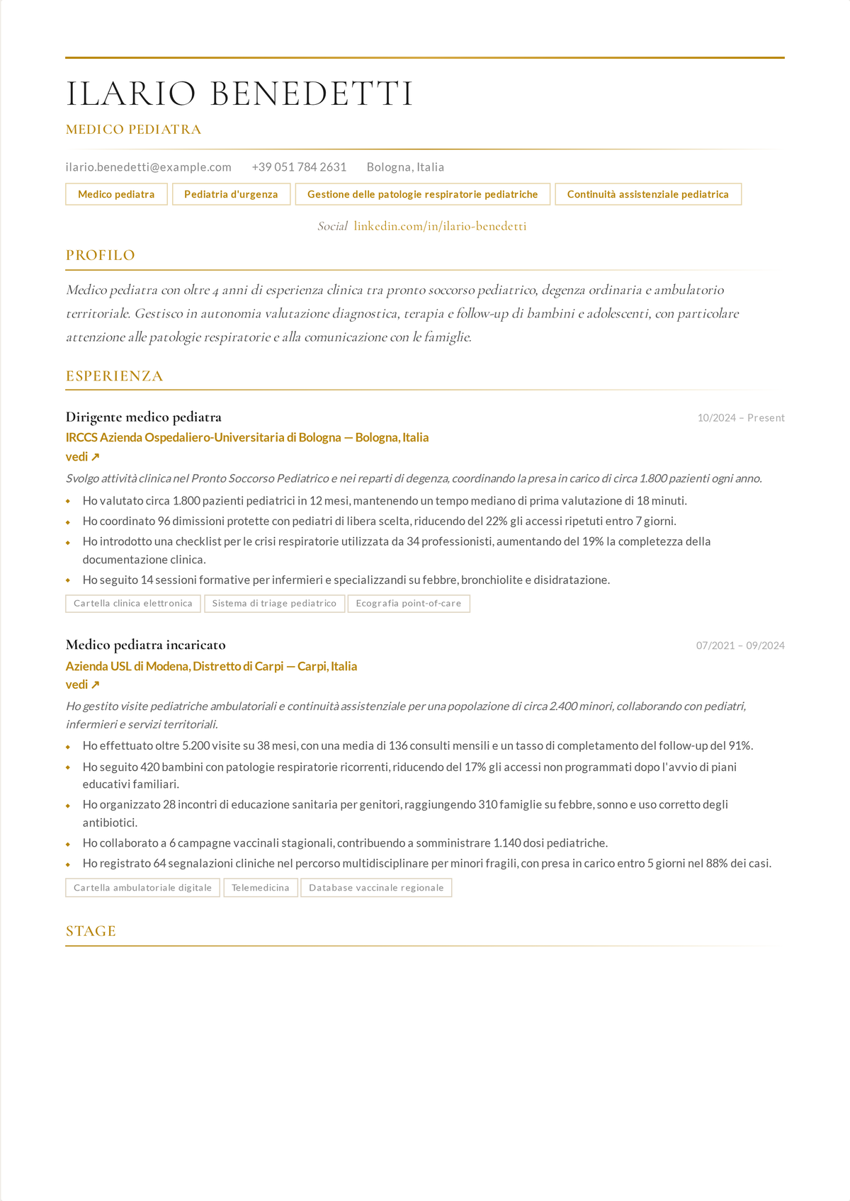 Esempio di curriculum per pediatra: il curriculum di un medico pediatra che apre con la certificazione board ABP, le metriche su bilanci di salute e vaccinazioni e lo screening dello sviluppo.