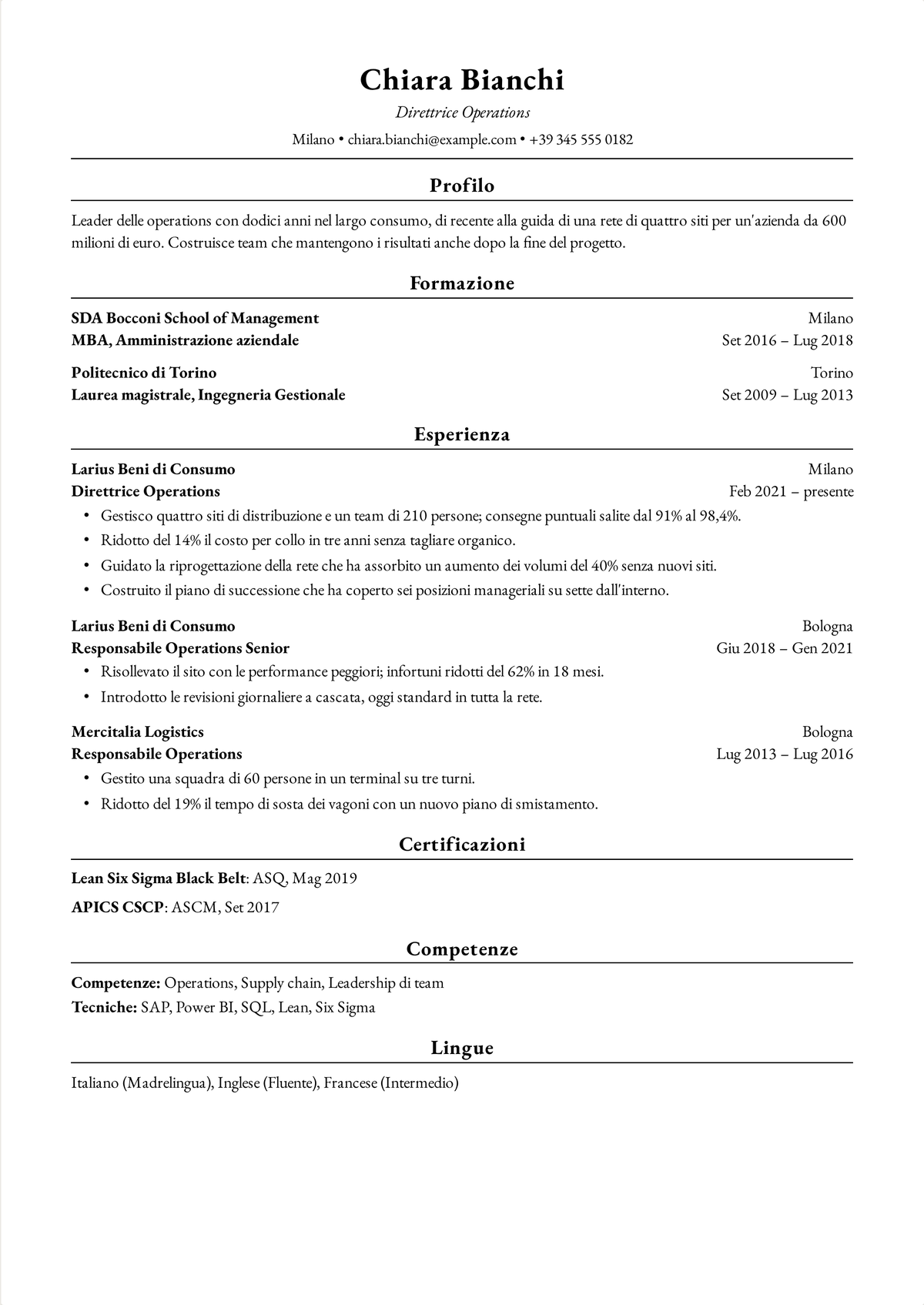 Esempio di curriculum in formato Harvard per una manager esperta: un curriculum su due pagine di una direttrice delle operations con un breve profilo, tre ruoli in dodici anni e la certificazione Lean Six Sigma.