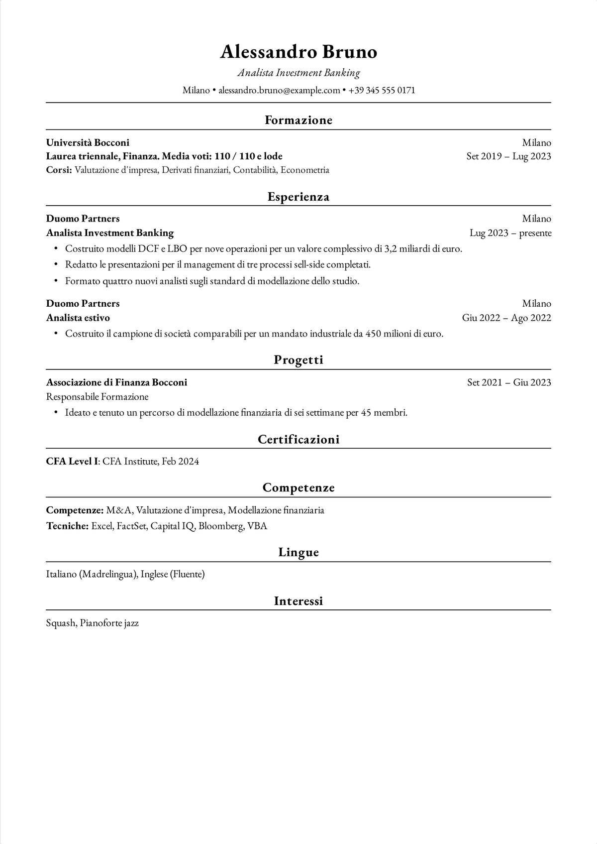 Esempio di curriculum in formato Harvard per un analista di investment banking: un curriculum di una pagina in ambito finanza con valori delle operazioni, modelli DCF e LBO e una certificazione CFA Level I.