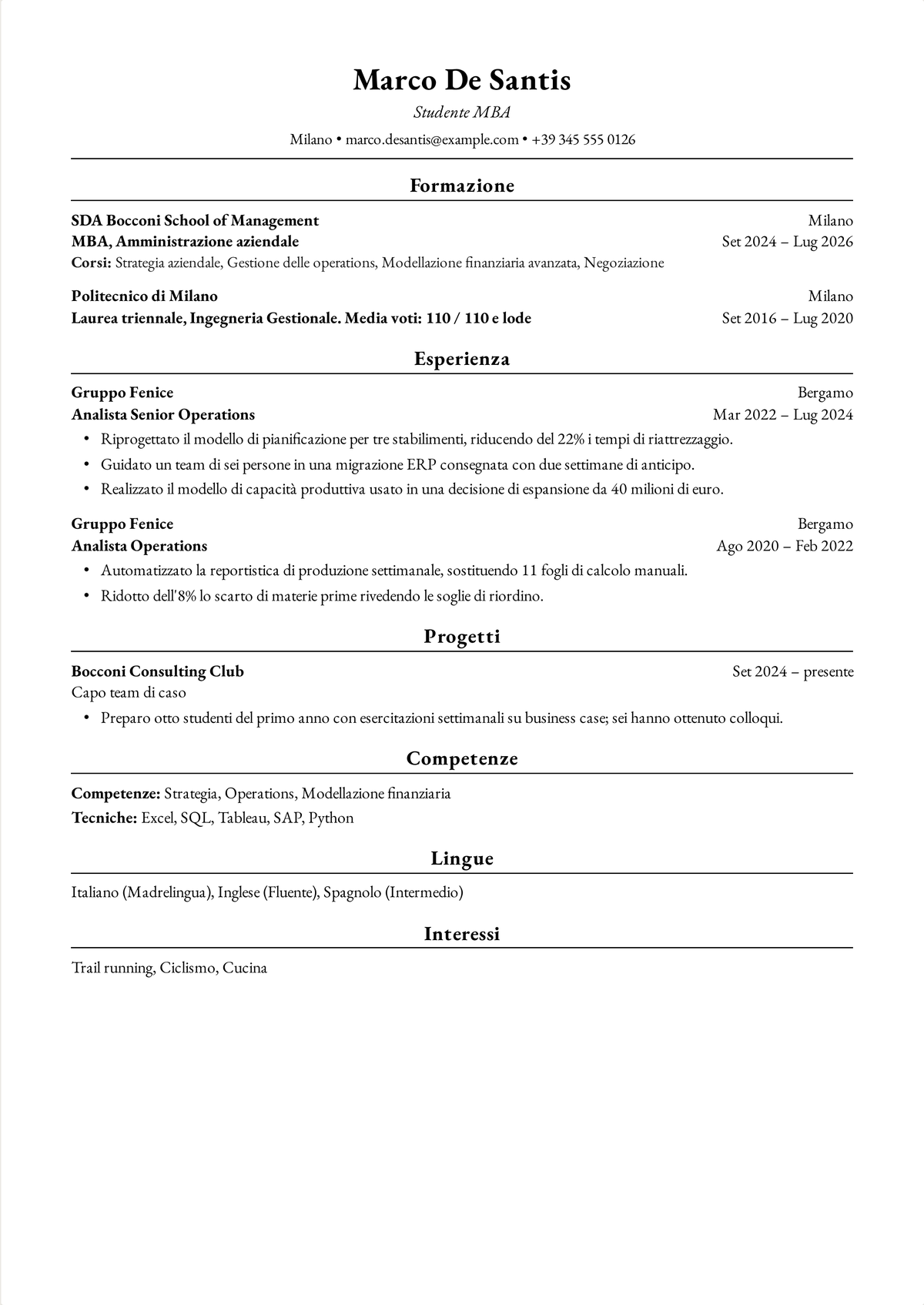 Esempio di curriculum in formato Harvard per uno studente MBA: un curriculum di una pagina con un MBA e una laurea in ingegneria, seguiti da ruoli nelle operations con risultati quantificati su stabilimenti ed ERP.