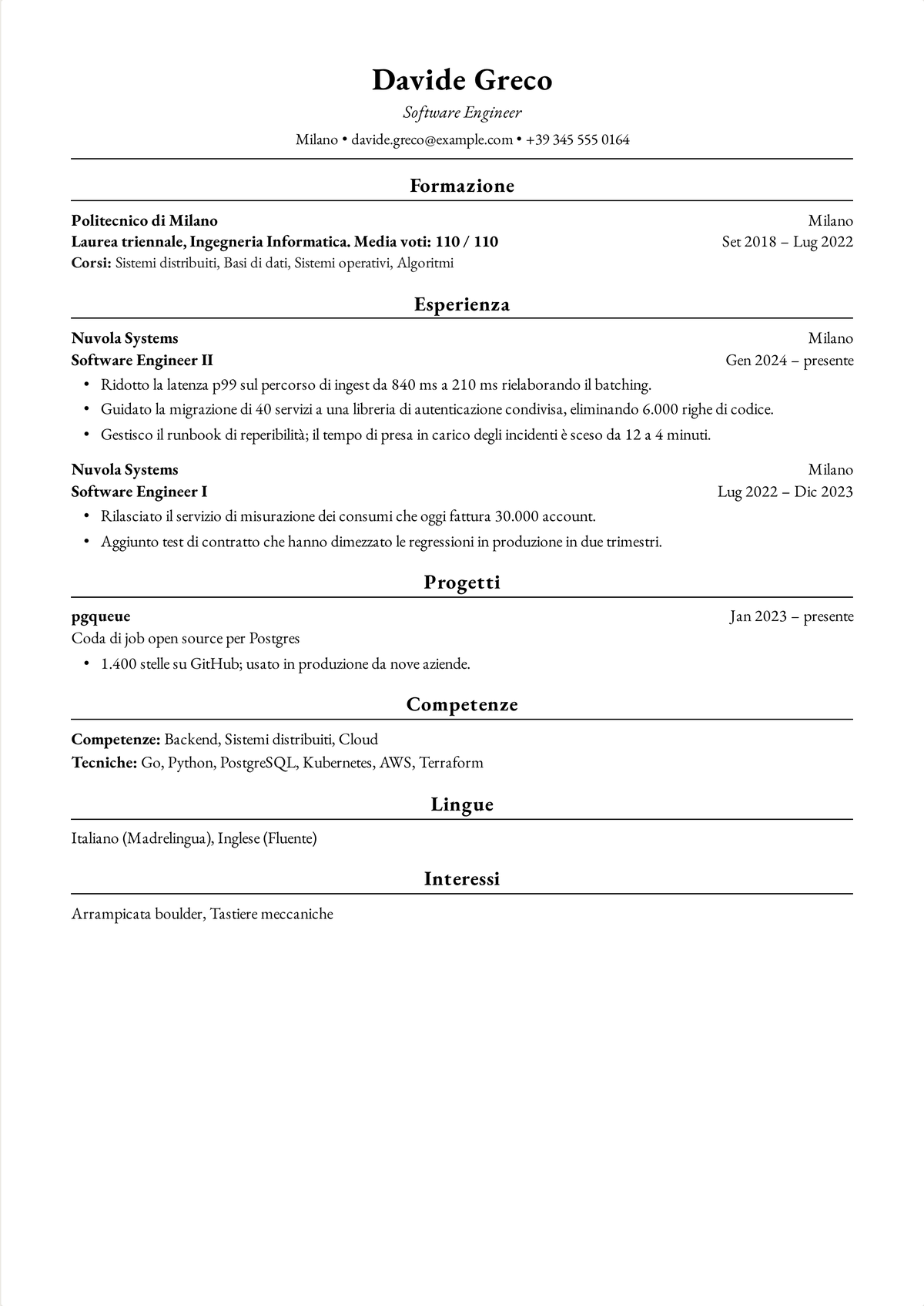 Esempio di curriculum in formato Harvard per un software engineer: un curriculum di ingegneria di una pagina con miglioramenti di latenza, una migrazione di servizi, un runbook di reperibilità e un progetto open source.
