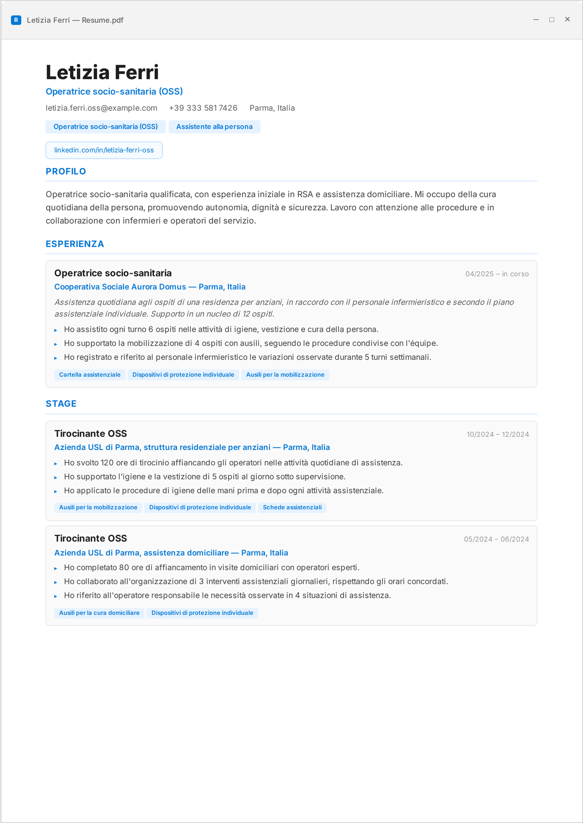 Esempio di curriculum da CNA: il curriculum di un assistente infermieristico certificato di livello base che mostra le attività della vita quotidiana, i parametri vitali, i trasferimenti sicuri e l'osservazione del paziente.