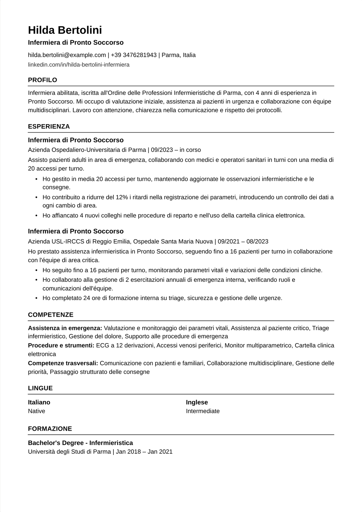 Esempio di curriculum per infermiere di pronto soccorso: il curriculum di un infermiere del dipartimento di emergenza aperto dalle certificazioni TNCC e CEN, che mostra il triage ESI, i protocolli per trauma e ictus e le metriche di flusso.