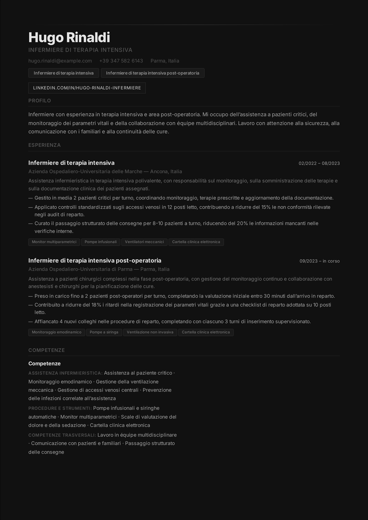 Esempio di curriculum per infermiere di terapia intensiva: il curriculum di un infermiere di area critica aperto dalla certificazione CCRN, che mostra la gestione del ventilatore, le infusioni titolate e tassi di CLABSI pari a zero.