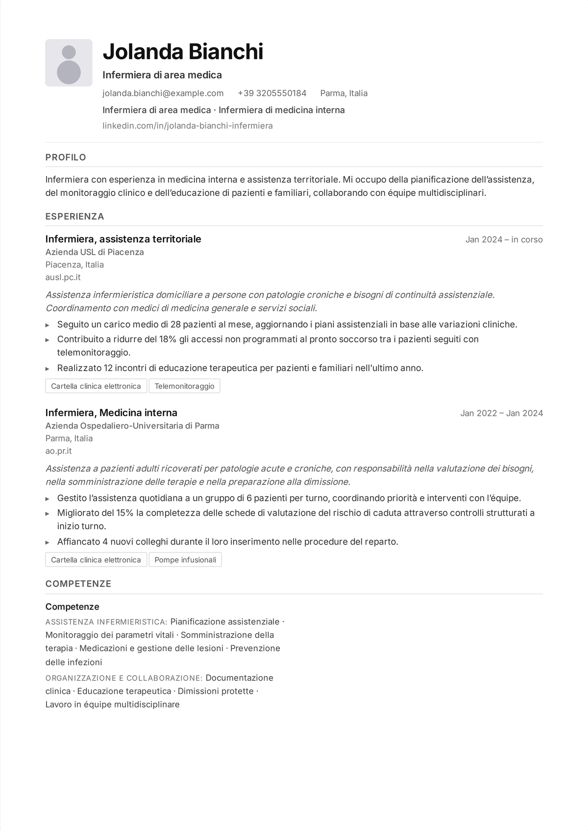 Esempio di curriculum per infermiere di medicina e chirurgia: il curriculum di un infermiere di reparto che mostra un'assegnazione completa di pazienti, la documentazione in cartella elettronica e bassi tassi di cadute e riammissioni.