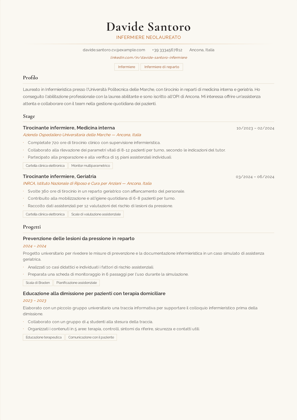 Esempio di curriculum per infermiere neolaureato: il curriculum di una pagina di un infermiere alle prime armi, aperto dall'abilitazione RN attiva e dal superamento dell'NCLEX, con i tirocini clinici scritti come vere esperienze lavorative.