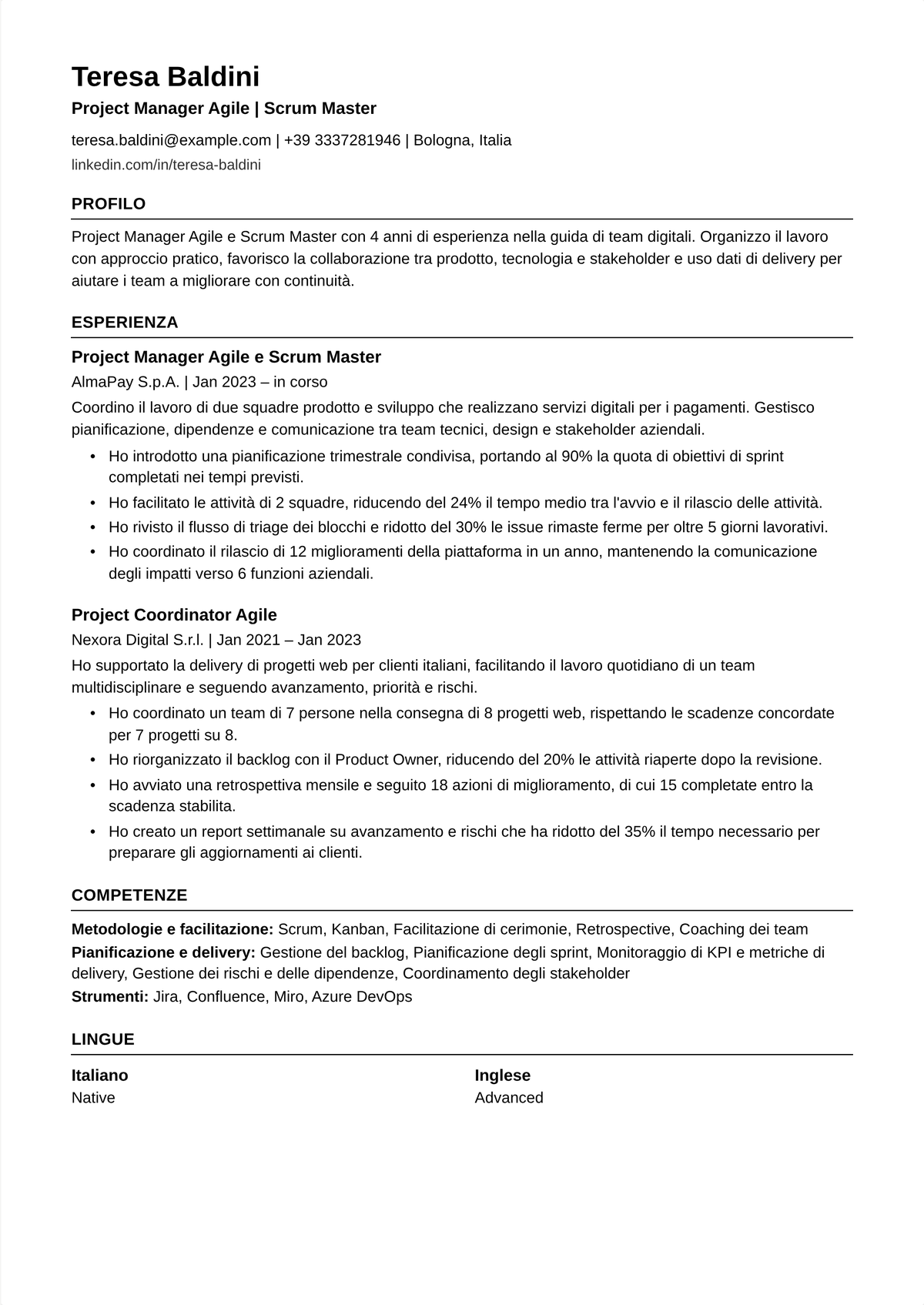 Esempio di curriculum per scrum master: il curriculum di un project manager agile a metà carriera aperto da una certificazione CSM, che mostra facilitazione degli sprint, ostacoli rimossi, velocity migliorata e consegna puntuale.