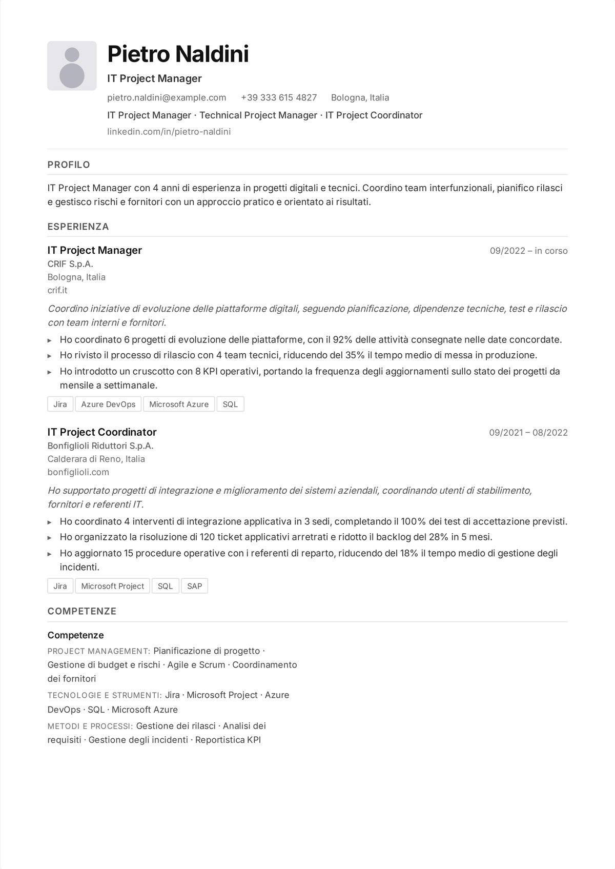 Esempio di curriculum per project manager IT: il curriculum di un PM tecnico a metà carriera che mostra progetti software e infrastrutturali consegnati in tempo e nel budget, team interfunzionali gestiti e rischio controllato.