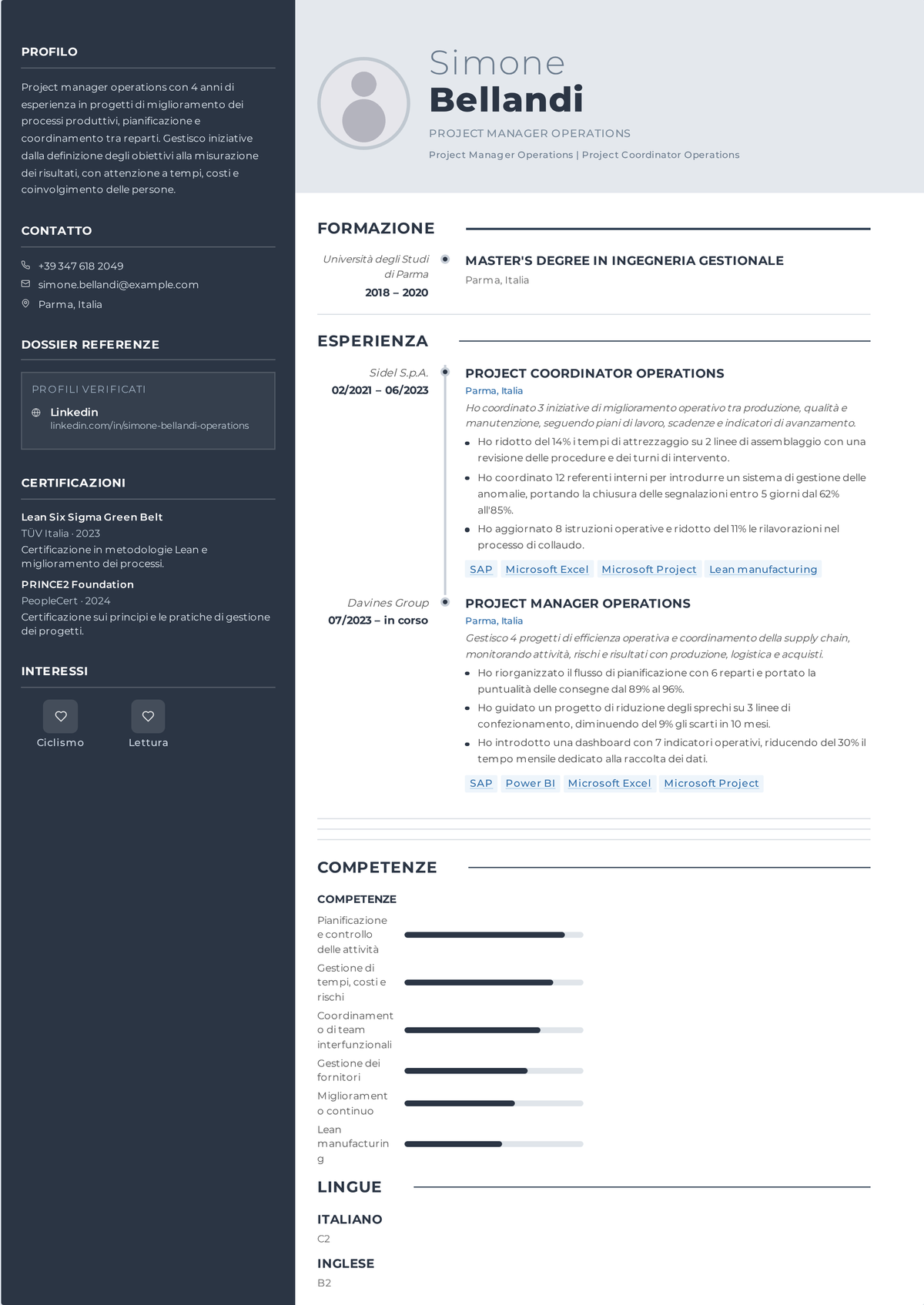 Esempio di curriculum per project manager operations: il curriculum di un PM operations a metà carriera che mostra ridisegno dei processi, iniziative interdipartimentali, Lean o Six Sigma e miglioramenti di efficienza e costi.