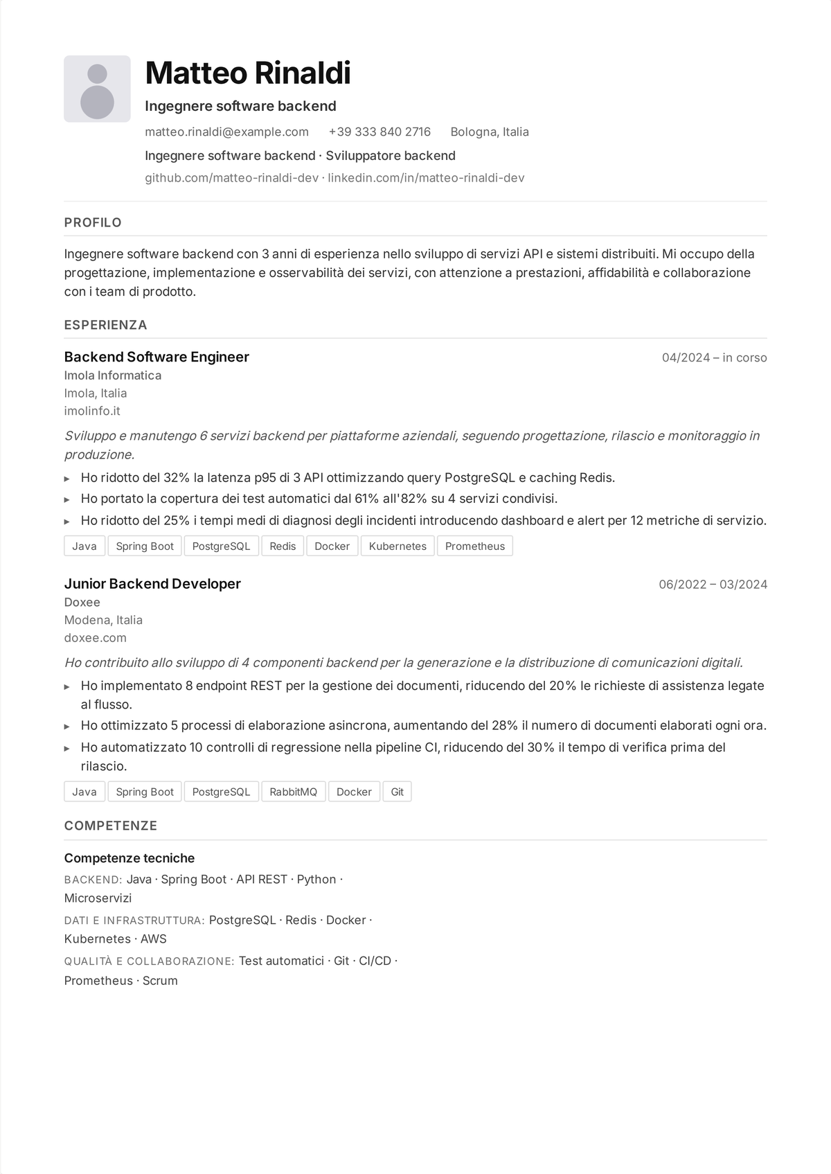 Esempio di curriculum per sviluppatore backend: il curriculum di uno sviluppatore backend a metà carriera che mostra la progettazione di API, uno stack database e cloud e metriche come richieste al secondo, latenza e uptime.