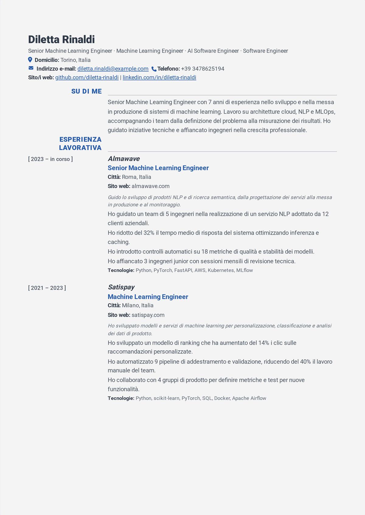 Esempio di curriculum per ingegnere di machine learning: il curriculum di un ingegnere ML/AI senior che mostra uno stack Python e PyTorch, modelli rilasciati in produzione, pipeline MLOps e impatto di business a valle.