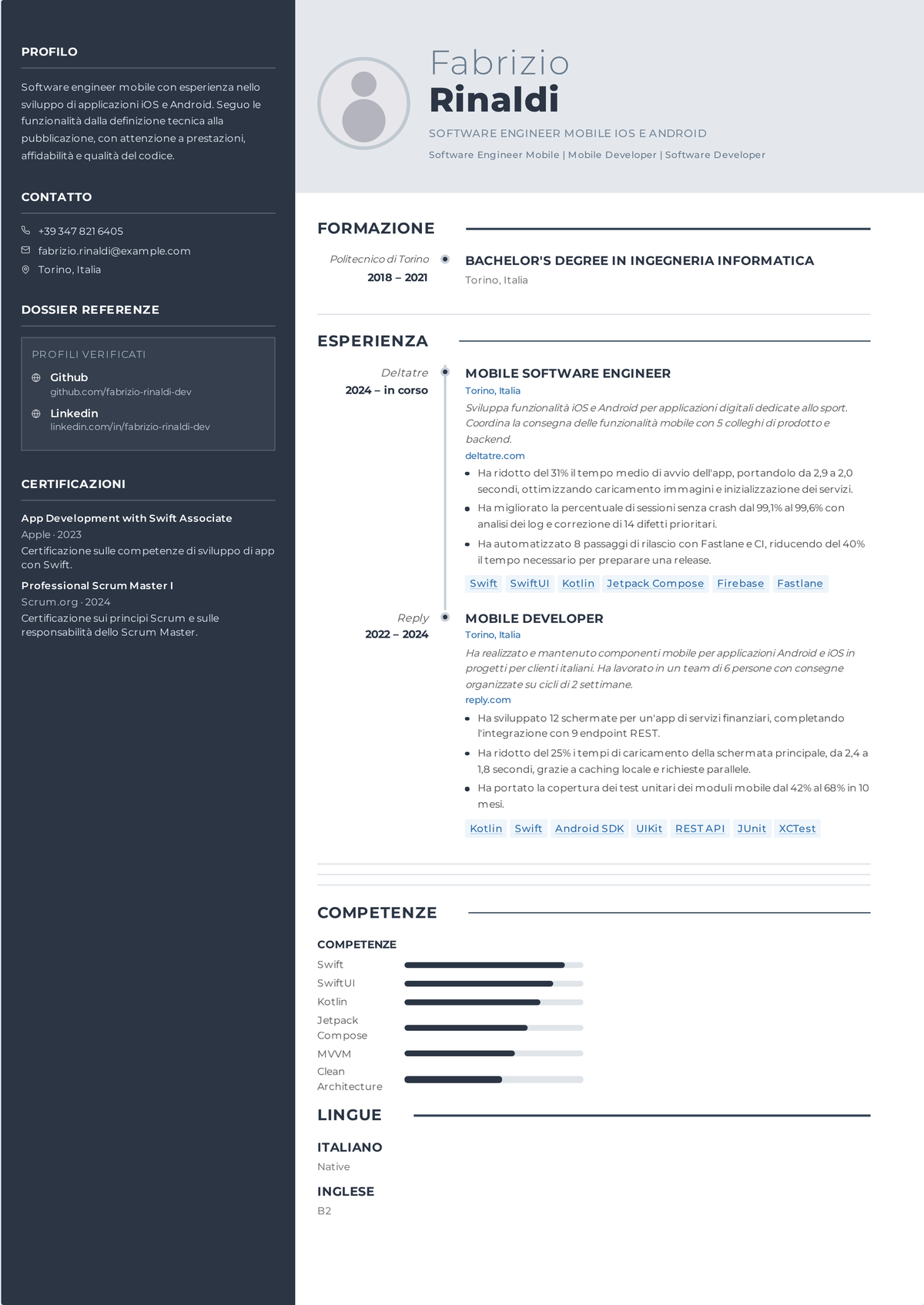 Esempio di curriculum per sviluppatore mobile: il curriculum di uno sviluppatore iOS e Android a metà carriera che mostra lavoro in Swift e Kotlin, rilasci su App Store e Play Store, tassi senza crash e metriche di retention.