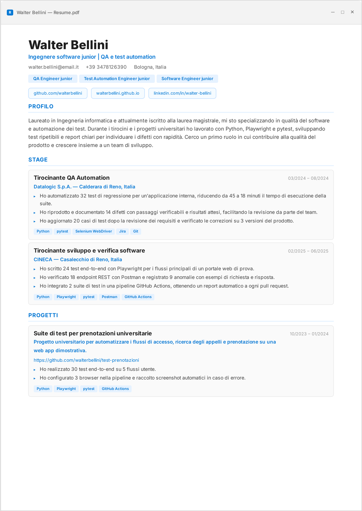 Esempio di curriculum per ingegnere QA di automazione dei test: il curriculum di un ingegnere QA di livello base che mostra uno stack di automazione dei test, suite integrate nella CI, copertura aggiunta e difetti individuati prima del rilascio.