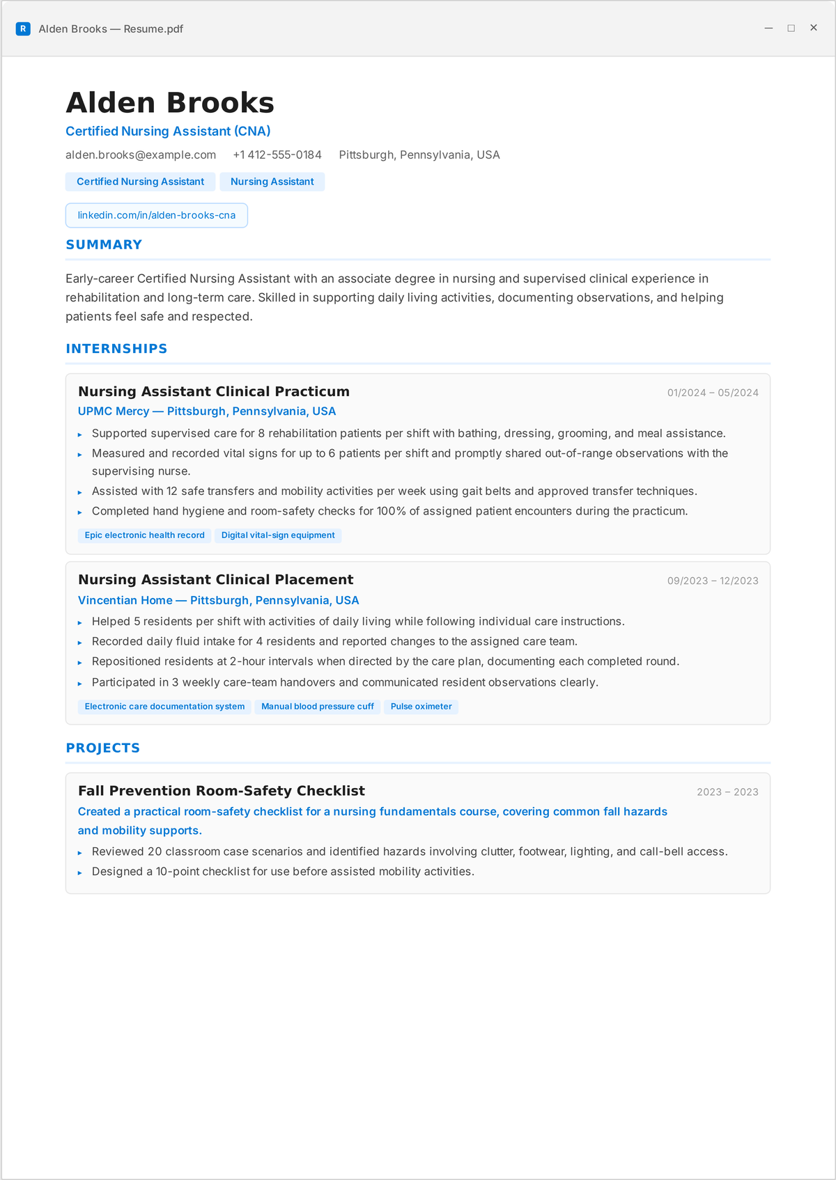 CNA resume example: an entry-level certified nursing assistant's resume showing activities of daily living, vital signs, safe transfers, and patient observation.