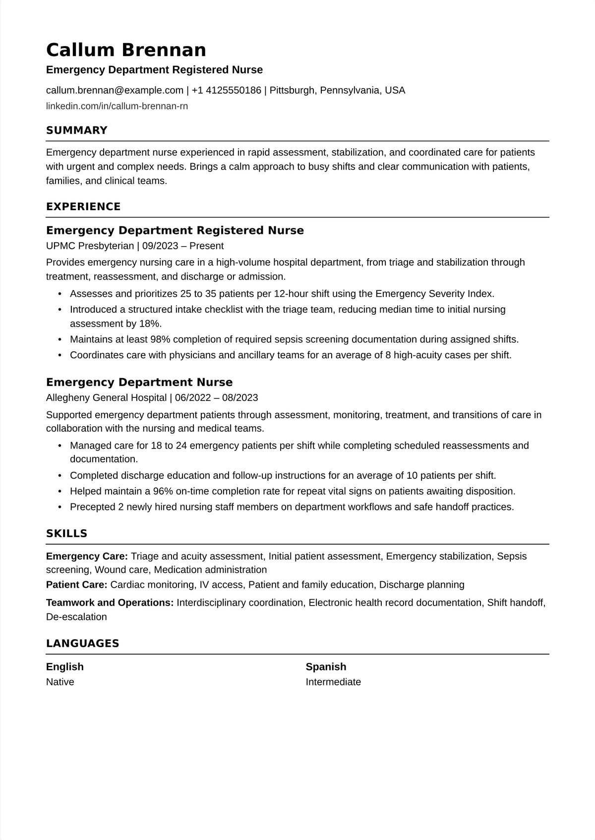 ER nurse resume example: an emergency-department RN's resume led by TNCC and CEN certification, showing ESI triage, trauma and stroke protocols, and throughput metrics.