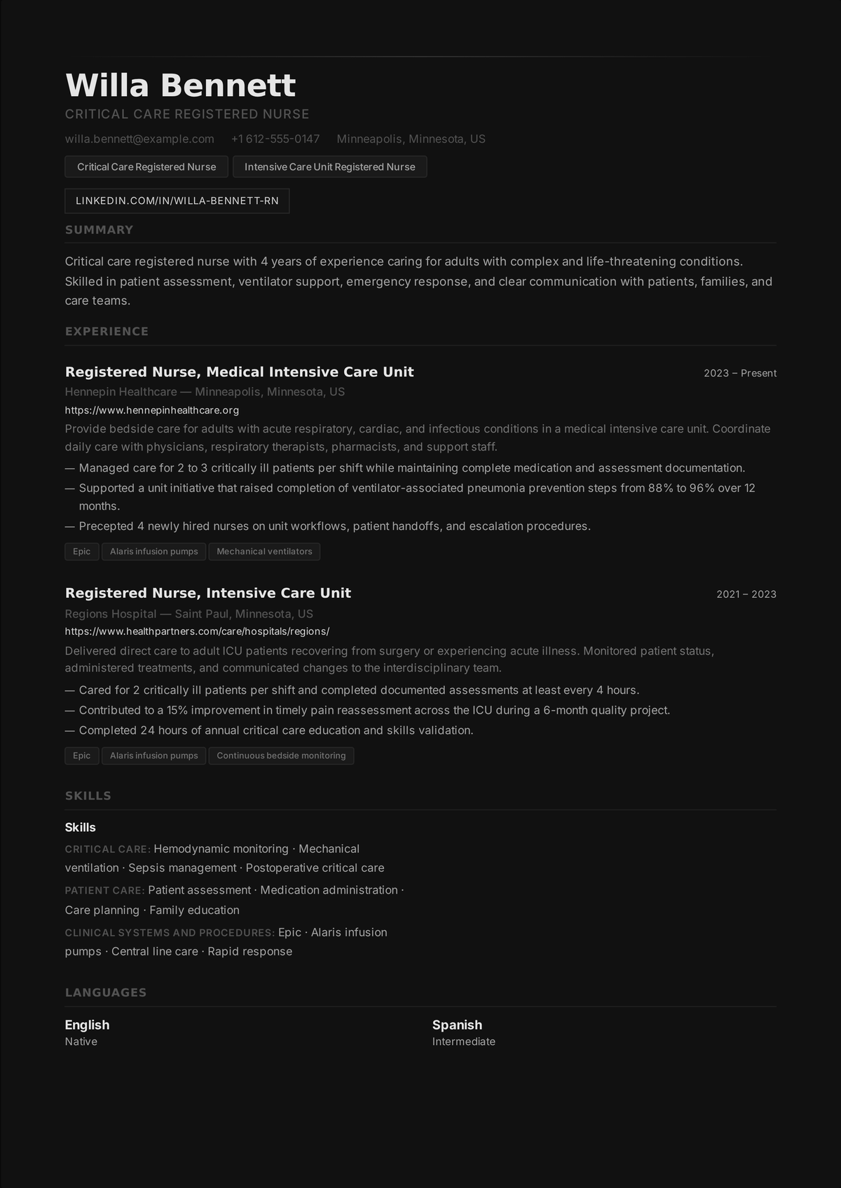 ICU nurse resume example: a critical-care RN's resume led by CCRN certification, showing ventilator management, titrated drips, and zero CLABSI rates.