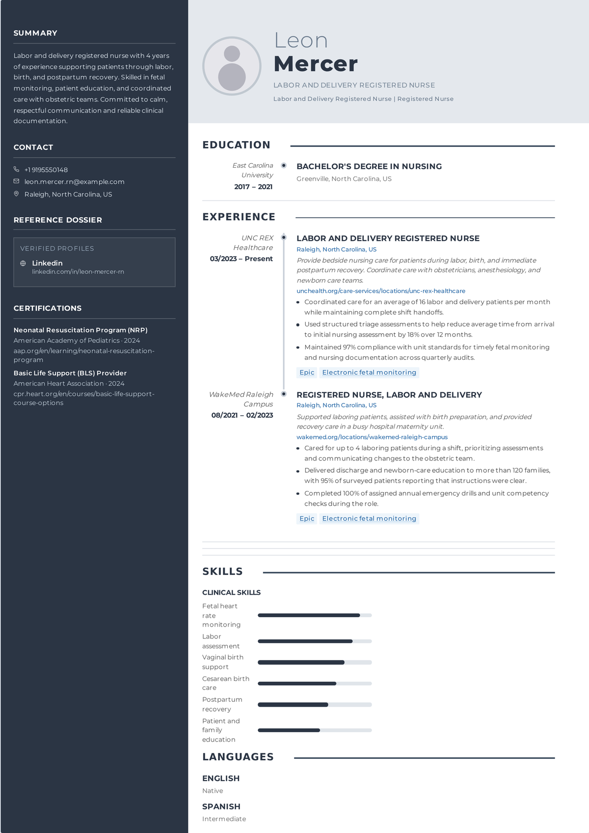Labor and delivery nurse resume example: an L&D RN's resume led by electronic fetal monitoring and NRP, showing delivery support, newborn care, and emergency recognition.