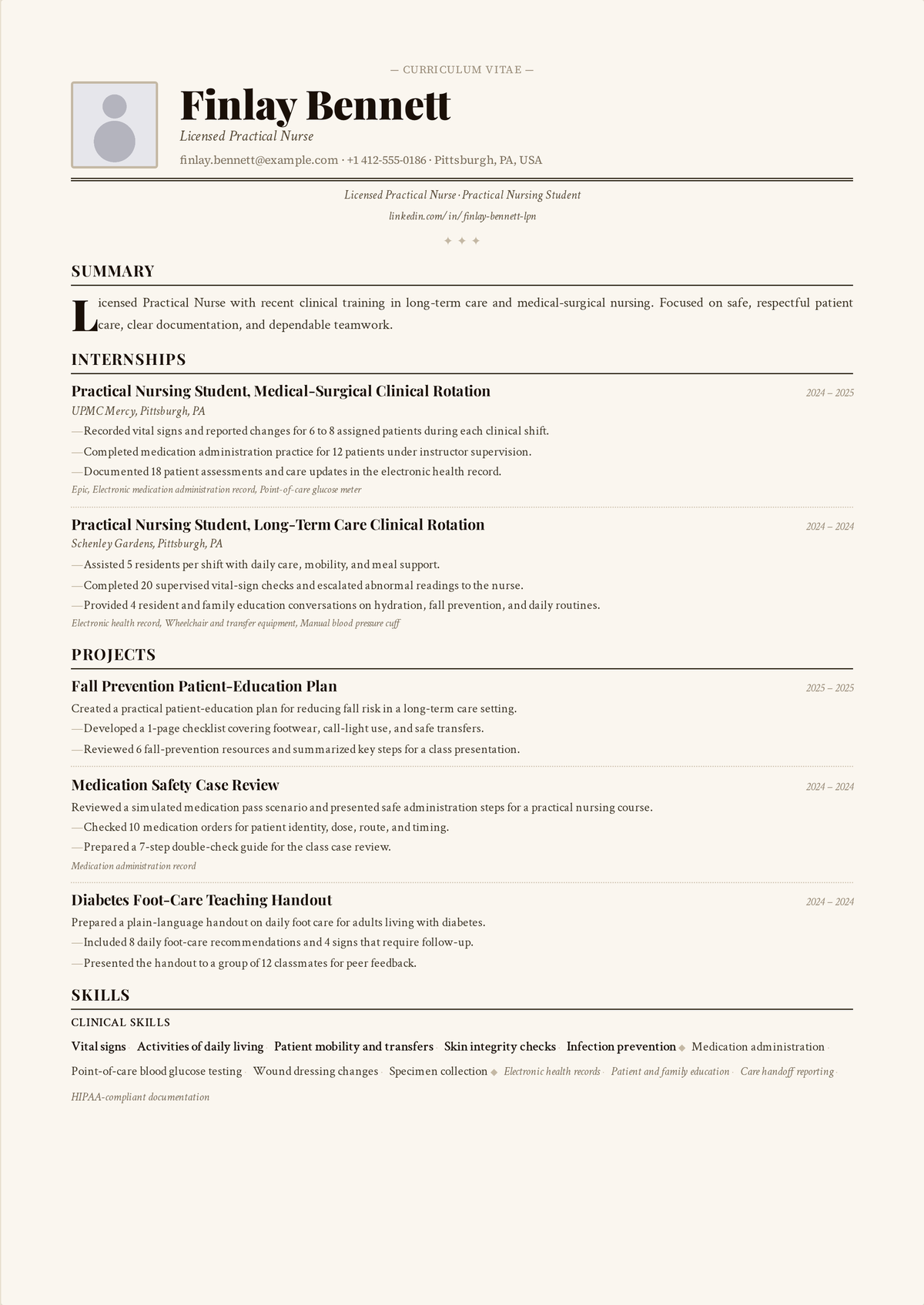 LPN resume example: a licensed practical nurse's resume led by the LPN license, showing medication administration, wound care, and long-term-care experience.