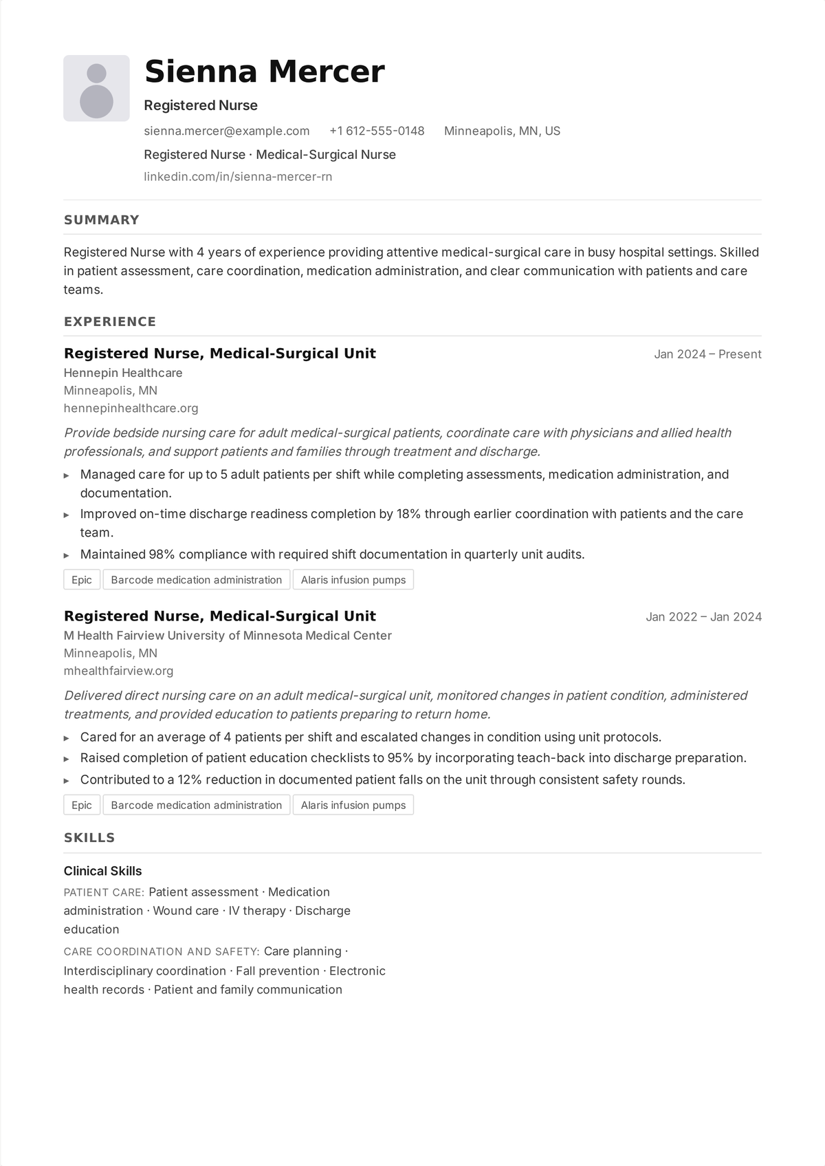 Medical-surgical staff nurse resume example: a med-surg RN's resume showing a full patient assignment, EHR documentation, and low fall and readmission rates.