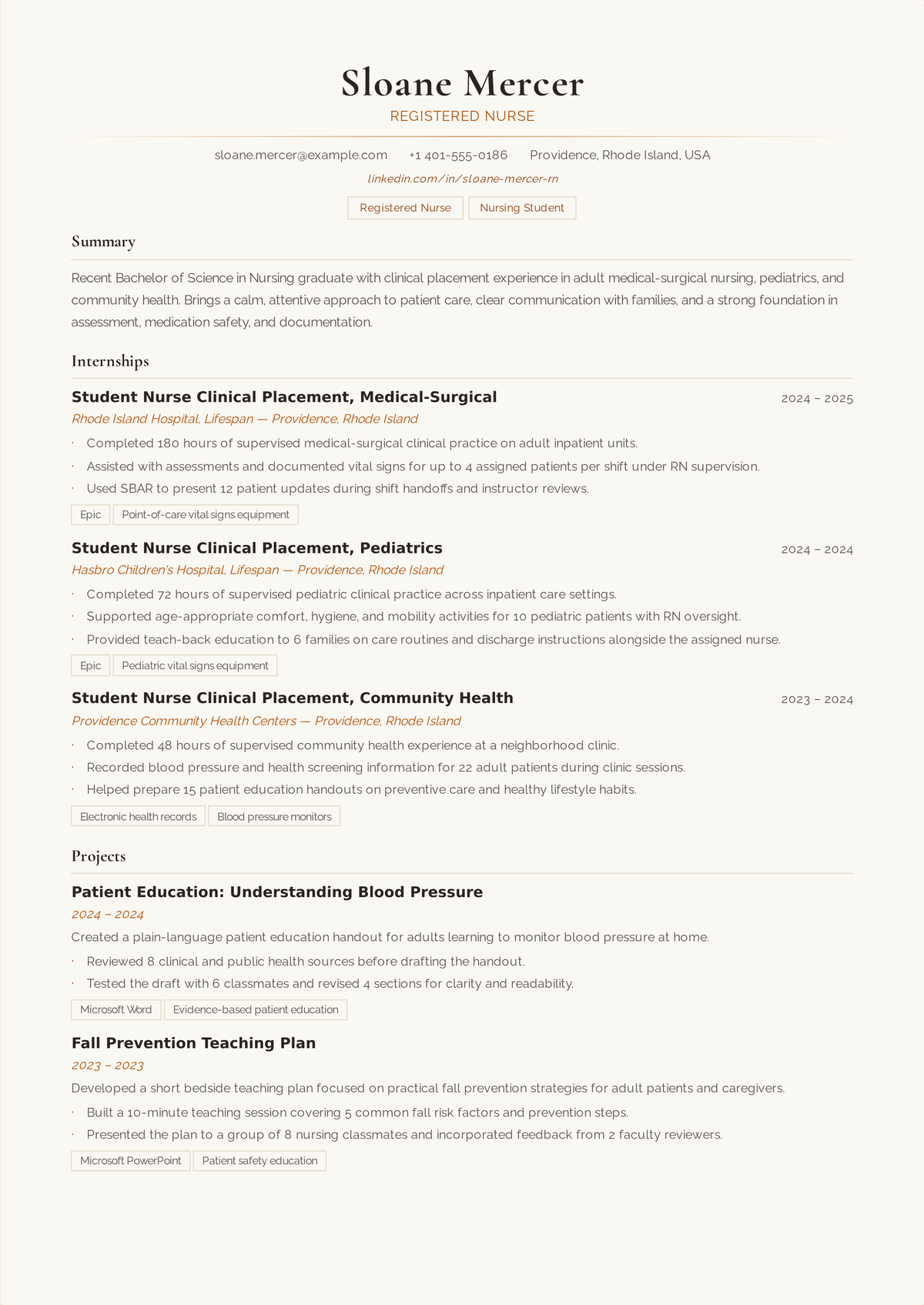 New-graduate registered nurse resume example: an entry-level RN's one-page resume led by an active RN license and NCLEX pass, with clinical rotations written as real experience entries.