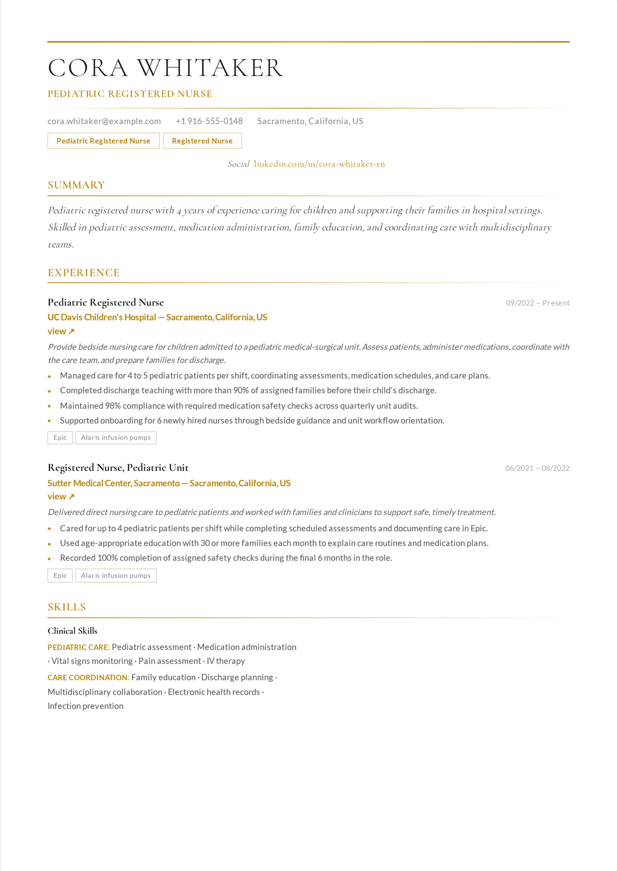 Pediatric nurse resume example: a peds RN's resume led by PALS certification, showing weight-based dosing, developmental assessment, and family-centered care.