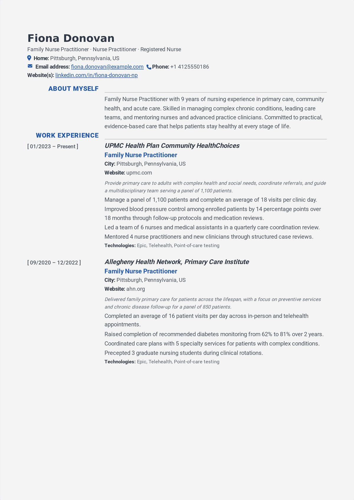 Nurse practitioner resume example: an NP's resume led by APRN licensure, board certification, and prescriptive authority, showing a managed patient panel and quality measures.