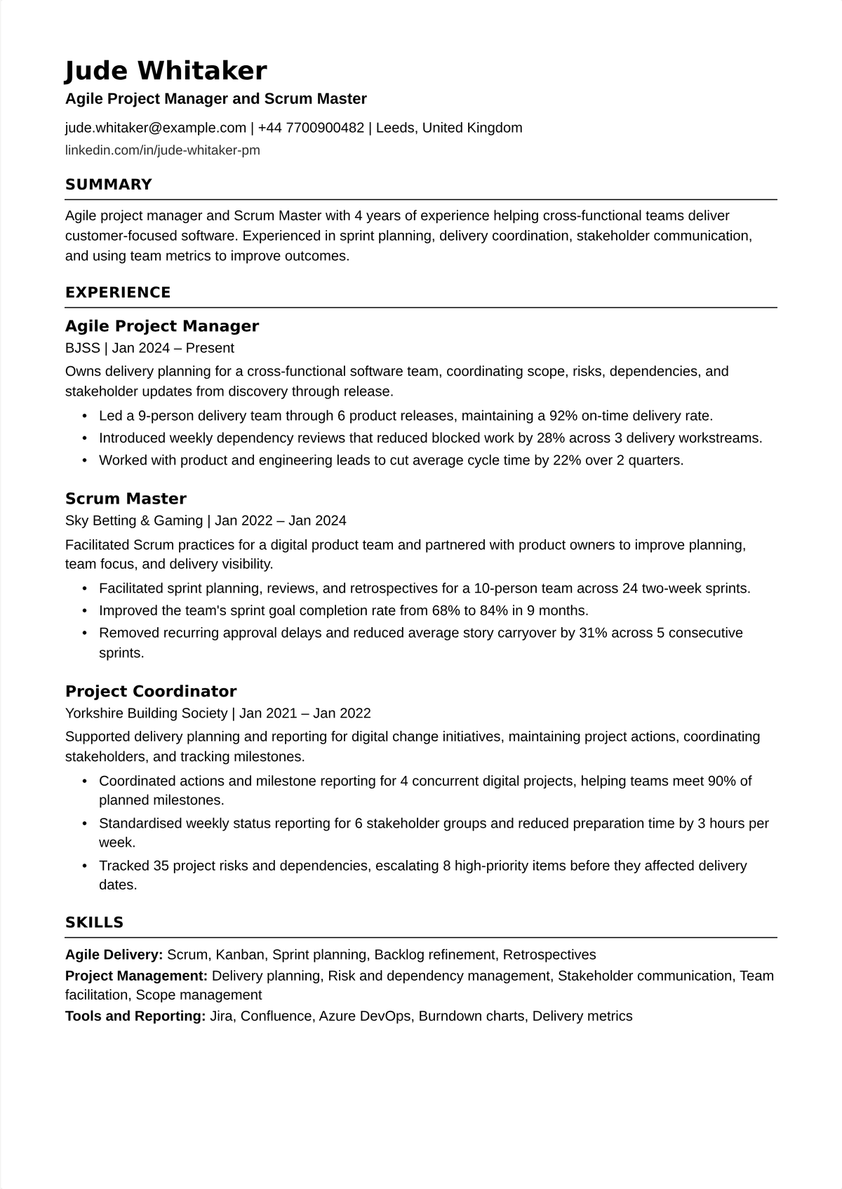 Scrum master resume example: a mid-career agile project manager's resume led by a CSM certification, showing sprint facilitation, blockers removed, velocity improved, and on-time delivery.