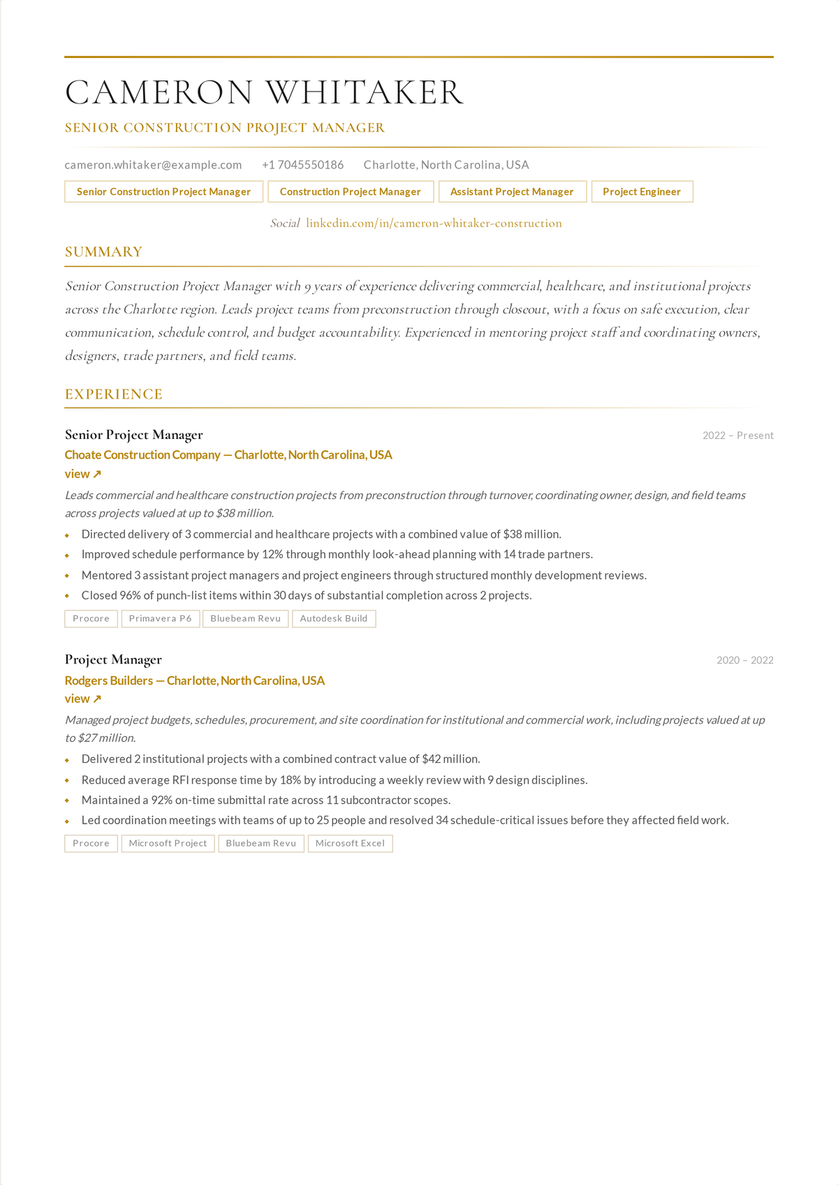 Construction project manager resume example: a senior construction PM's resume showing projects built by value and square footage, budget and schedule control, subcontractor coordination, and a strong safety record.