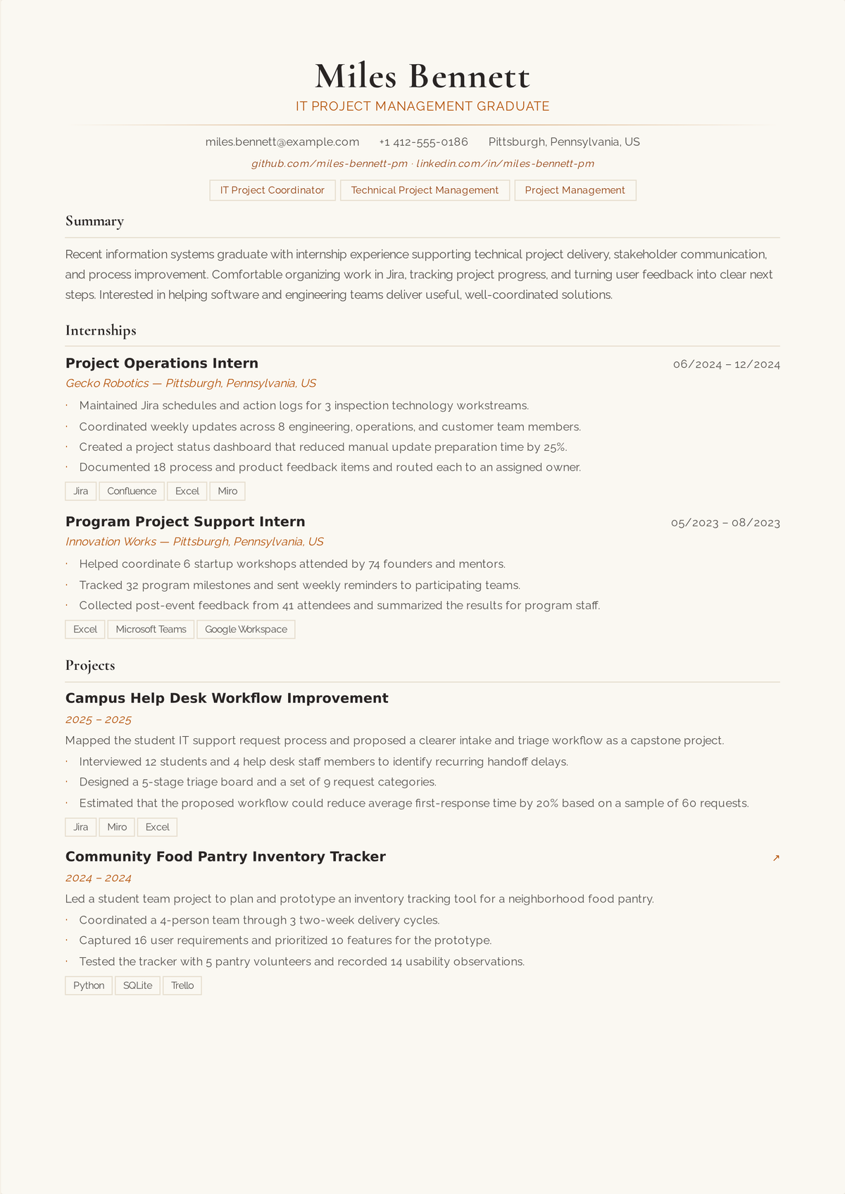 Entry-level project coordinator resume example: a first project role resume showing schedule and tracker maintenance, stakeholder coordination, documentation, and a certification in progress.