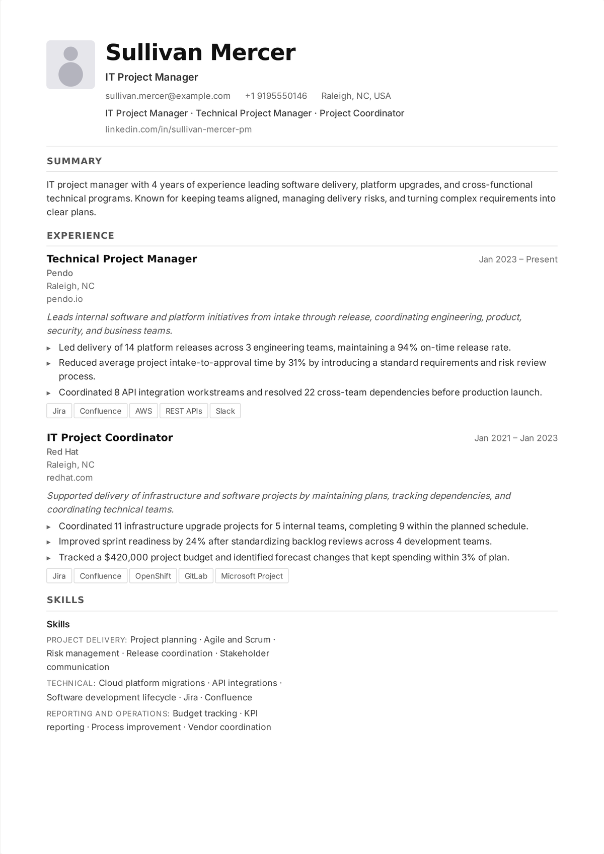 IT project manager resume example: a mid-career technical PM's resume showing software and infrastructure projects delivered on time and on budget, cross-functional teams managed, and risk controlled.