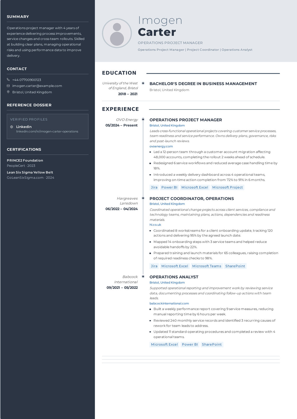 Operations project manager resume example: a mid-career operations PM's resume showing process redesign, cross-departmental initiatives, Lean or Six Sigma, and efficiency and cost improvements.