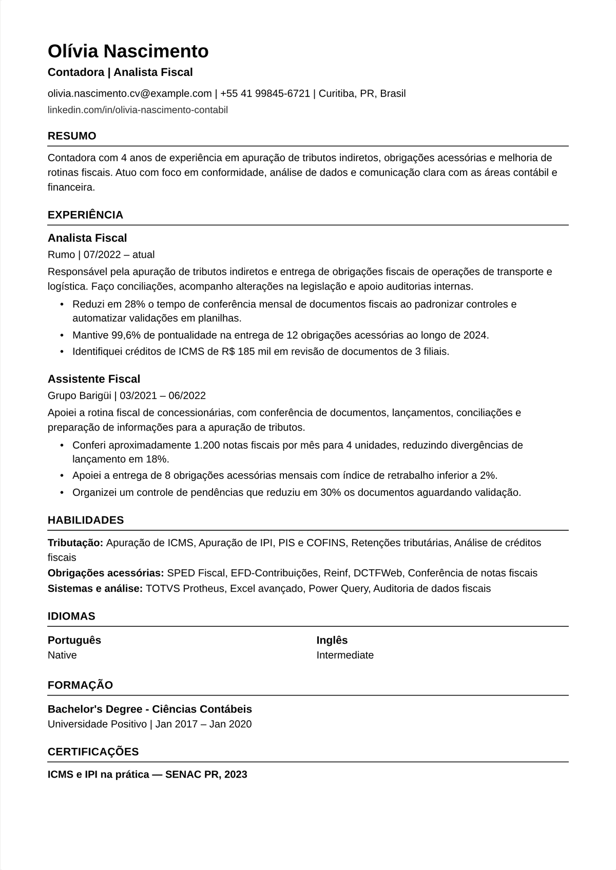 Exemplo de currículo de contador tributário: currículo de um contador tributário de meio de carreira mostrando declarações preparadas para diferentes tipos de pessoa, pesquisa tributária, prazos cumpridos e imposto economizado para clientes.