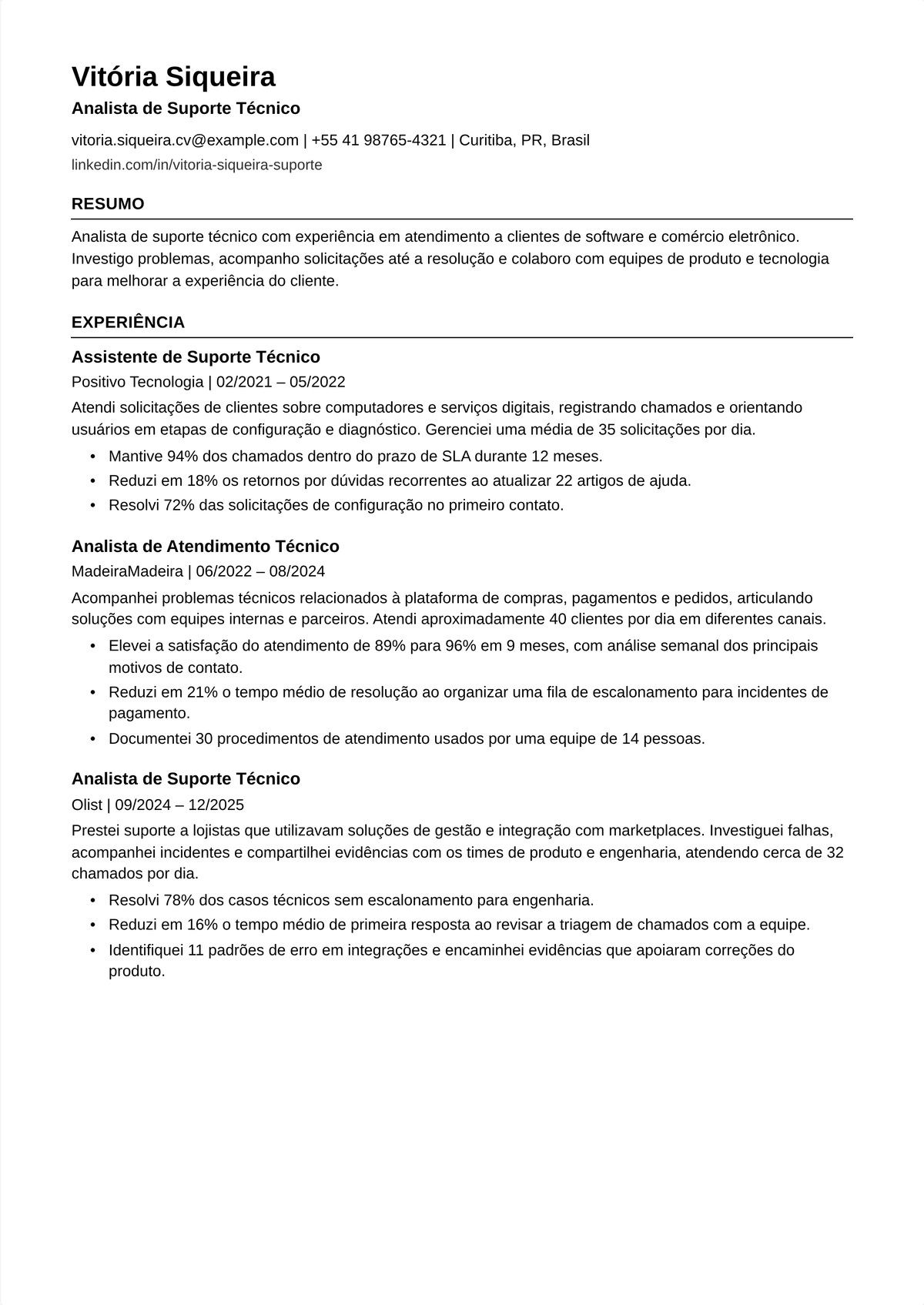 Exemplo de currículo de especialista de suporte técnico: currículo de suporte técnico de meio de carreira mostrando profundidade de diagnóstico, contribuições à base de conhecimento, escalonamentos limpos e CSAT em chamados técnicos.