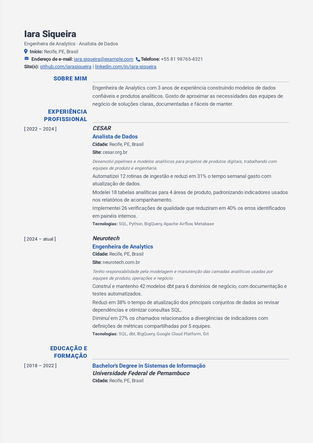 Exemplo de currículo de engenheiro de analytics: currículo mostrando dbt e SQL sobre um warehouse em nuvem, modelos de transformação testados, garantia de qualidade de dados e tempo de execução do pipeline cortado.