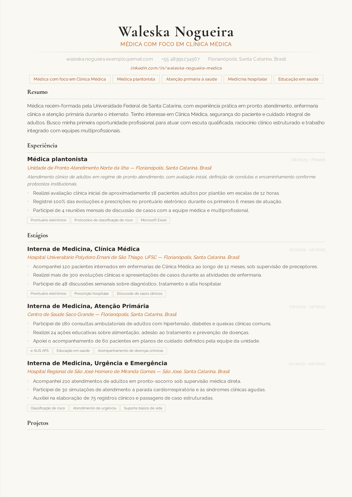 Exemplo de currículo de médico residente: currículo de um residente de clínica médica encabeçado pelo diploma de MD, programa de residência, Steps do USMLE, licença de treinamento e rodízios registrados.