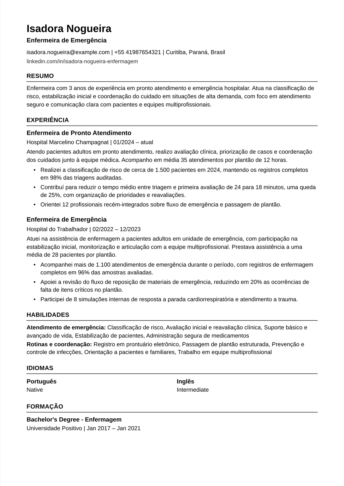 Exemplo de currículo de enfermeiro de pronto-socorro: currículo de um enfermeiro de emergência encabeçado pelas certificações TNCC e CEN, mostrando triagem por ESI, protocolos de trauma e AVC e métricas de fluxo.