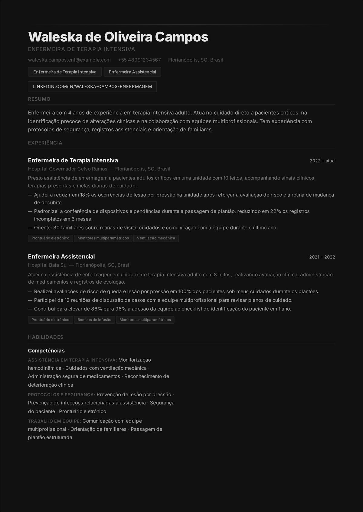 Exemplo de currículo de enfermeiro de UTI: currículo de um enfermeiro de terapia intensiva encabeçado pela certificação CCRN, mostrando manejo de ventilador, drogas tituladas e taxas de CLABSI zeradas.
